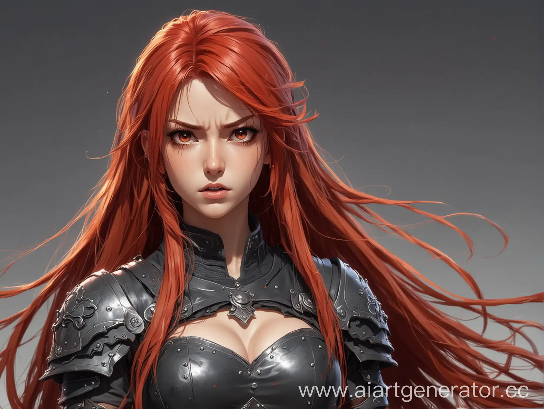 Warrior girl with menacing expression with red long hair in anime 2d style 