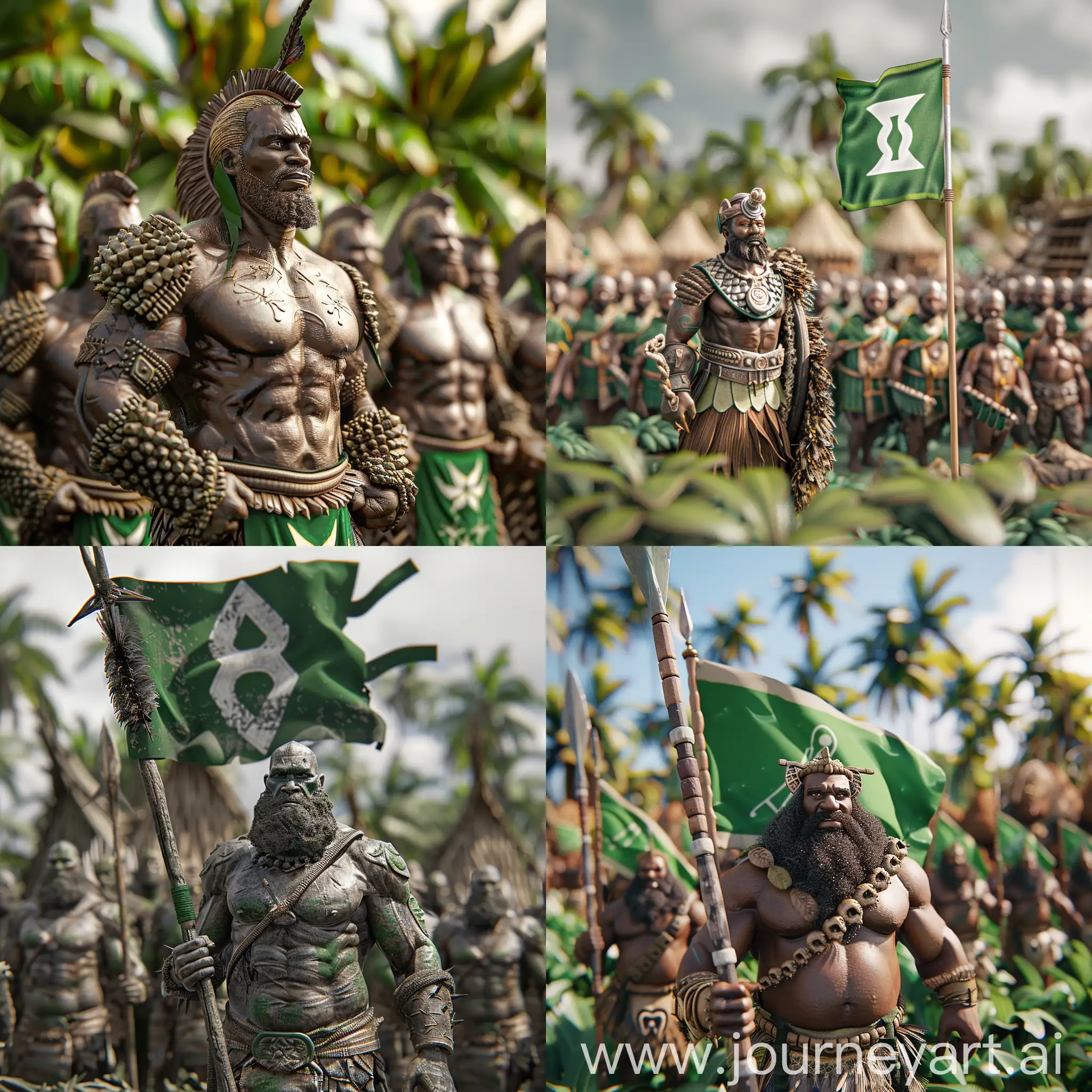 3д модель острова Папуа Гвинейский Союз с зеленым флагом по центру которого цифра 8, деревней на фоне, с белыми (не загорелыми) бородатыми накаченными мужчинами в доспехах, так же на фоне куча зеленой растительности деревьев