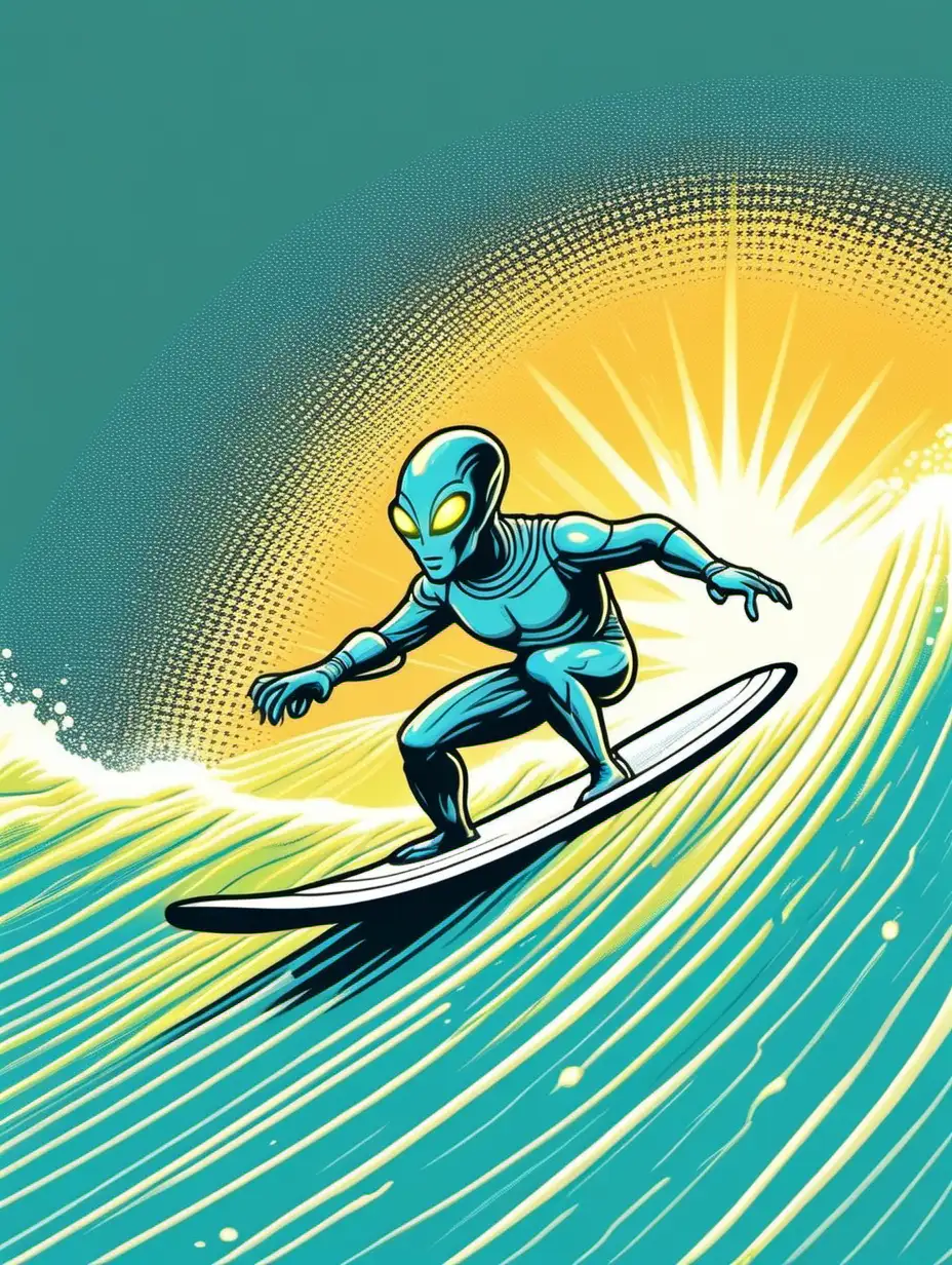 illustration of an Alien Grey Humanoid surfing with a beam of light shining down on him from above,  in the style of Pop Art, subtle color contrasts, pastel colors