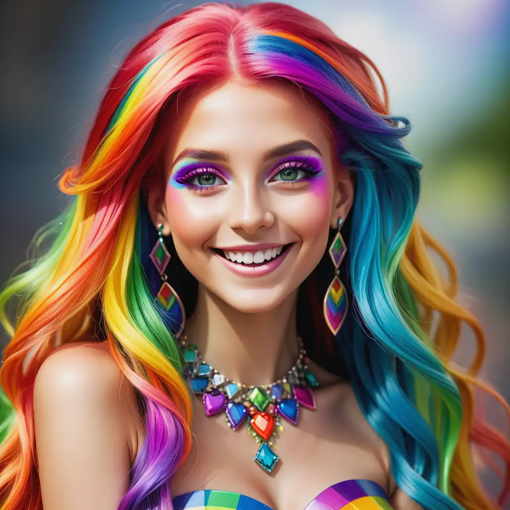 Radiant Rainbow Princess Portrait Playful Woman with Multicolored Hair and Lively Makeup