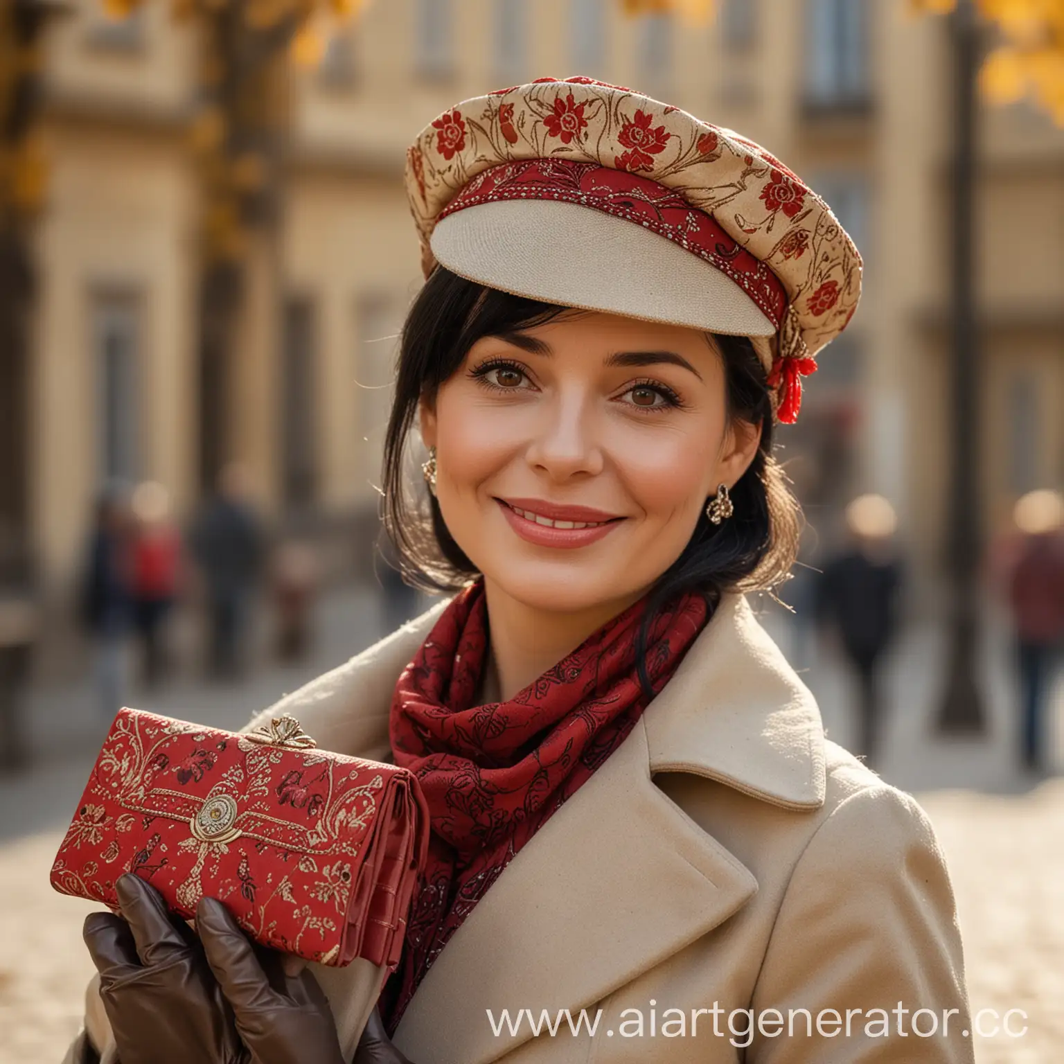 Elegant-MiddleAged-Woman-Smiling-in-Beige-Metallic-Coat-with-Clutch-and-Veiled-Hat