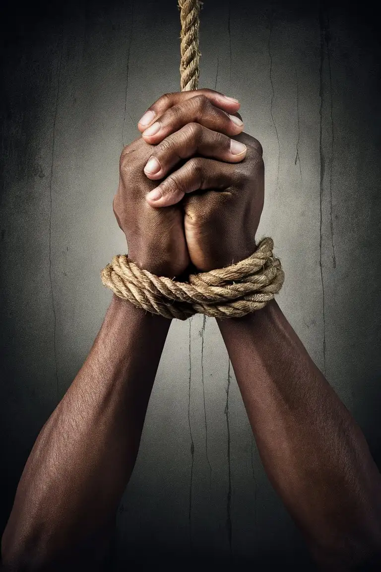 create an close up picture of  one African American male hands with fingers clasped each together in fear with a rope around their wrist forearms facing out, are hanging in space from a high place, with  forearms, that showing veins, with the with in dark background 