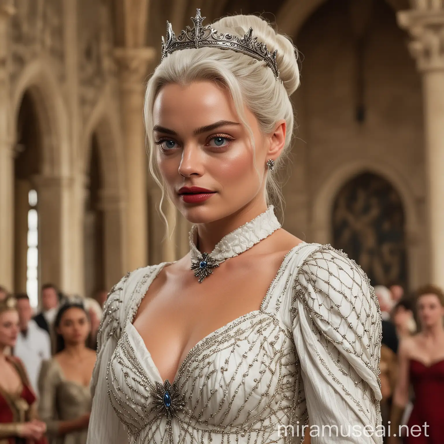 Margot Robbie en tant que princesse de la Maison Targaryen de l'Ancienne Valyria aux yeux clairs avec des cheveux blancs-argentés attachés en un chignon élégant tressé avec une fine couronne doré et rouge, portant une longue robe blanche élégante avec des détails d'écailles de dragons avec les épaules tombantes, dansant majestueusement dans la grande salle du château, tous les invités du royaume l'observant avec admiration 