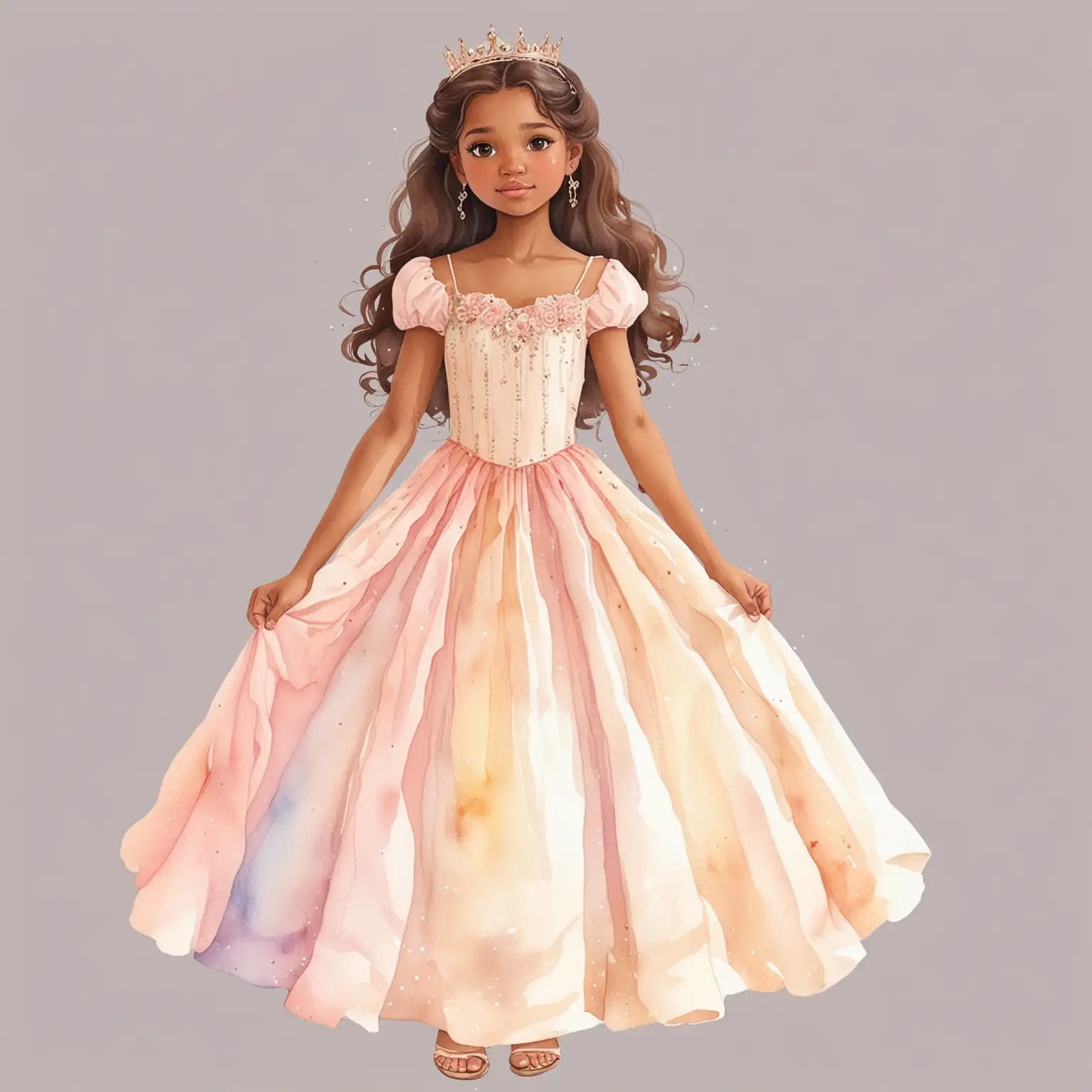 watercolor full body brown skinned princess with pastel princess dress on a white background