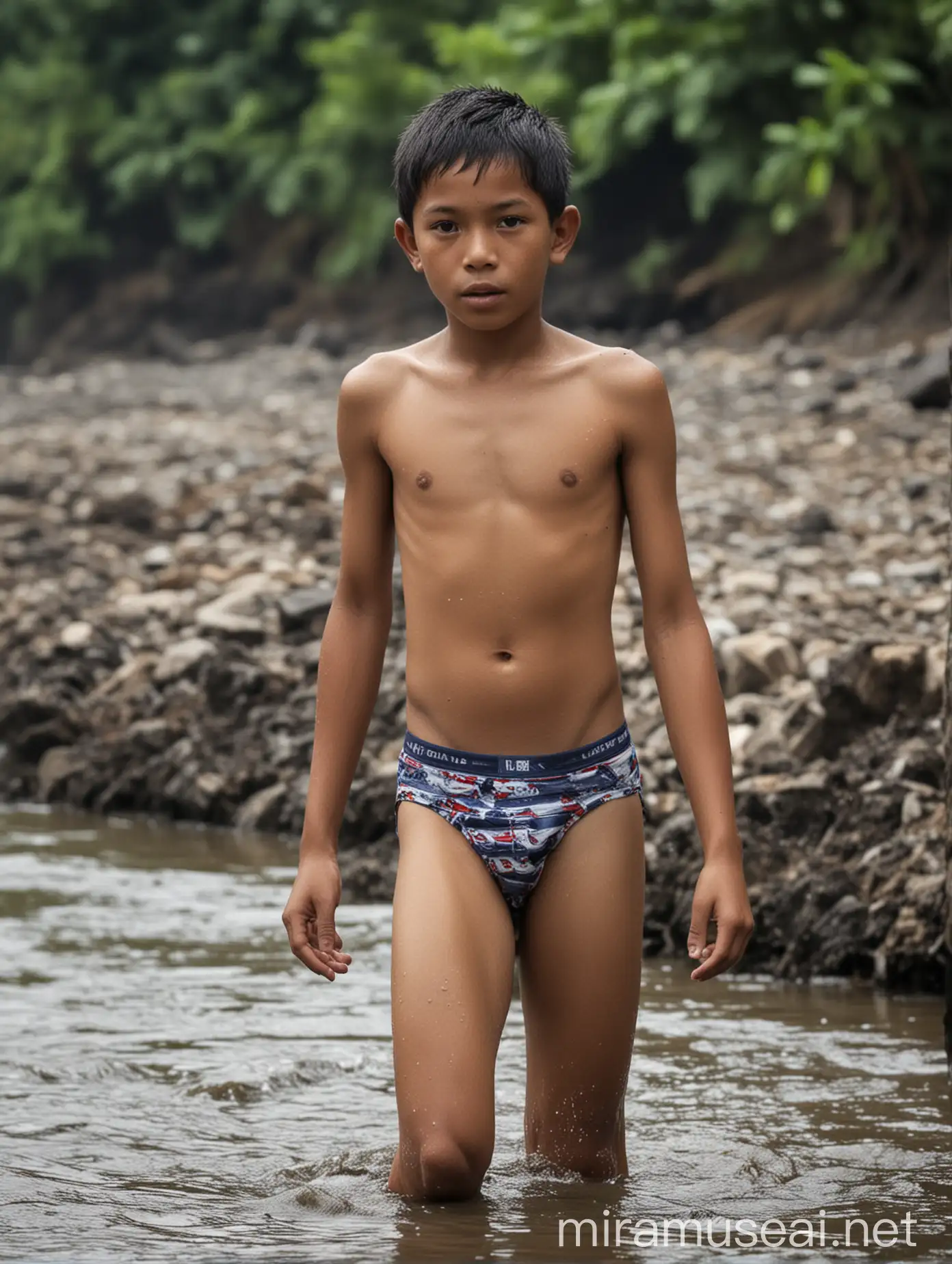 Indonesian Boy Enjoying River Bath in Underwear