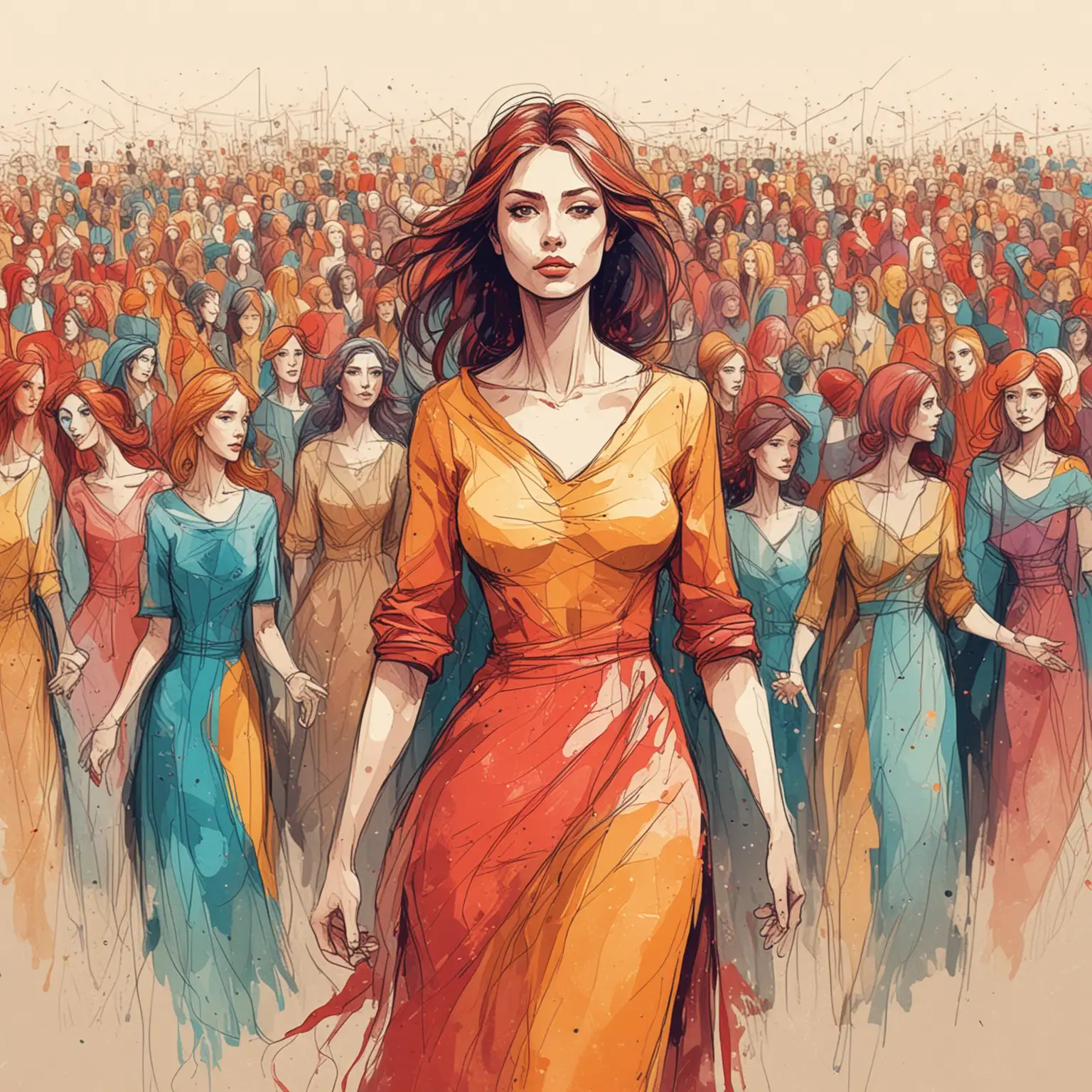 colorful sketch illustration of a woman leading a mass of women in abstract style