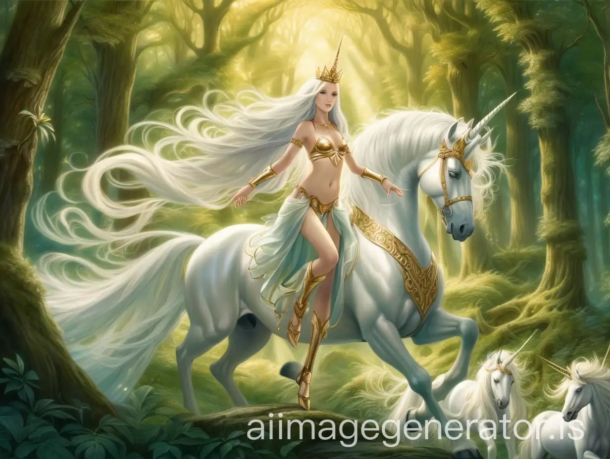 This image depicts a fantasy scene set in an enchanting forest. At the center is a majestic white unicorn with a shimmering, spiraled horn and flowing mane. The unicorn is depicted in a galloping pose, exuding an air of grace and power. Astride the unicorn are two princesses, who are twin and sensual, characterized by their ethereal beauty. She has long, flowing white hair and wears a delicate golden crown adorned with small spikes,and a beautiful skirt suggesting a regal aura. Her attire consists of a minimalist, elegant gold bikini-style armor with a matching skirt that gently drapes over her legs. Her expression is serene, enhancing the magical atmosphere of the scene. The background features a lush, verdant forest with dappled sunlight filtering through the dense foliage, adding a dreamlike quality to the composition. 