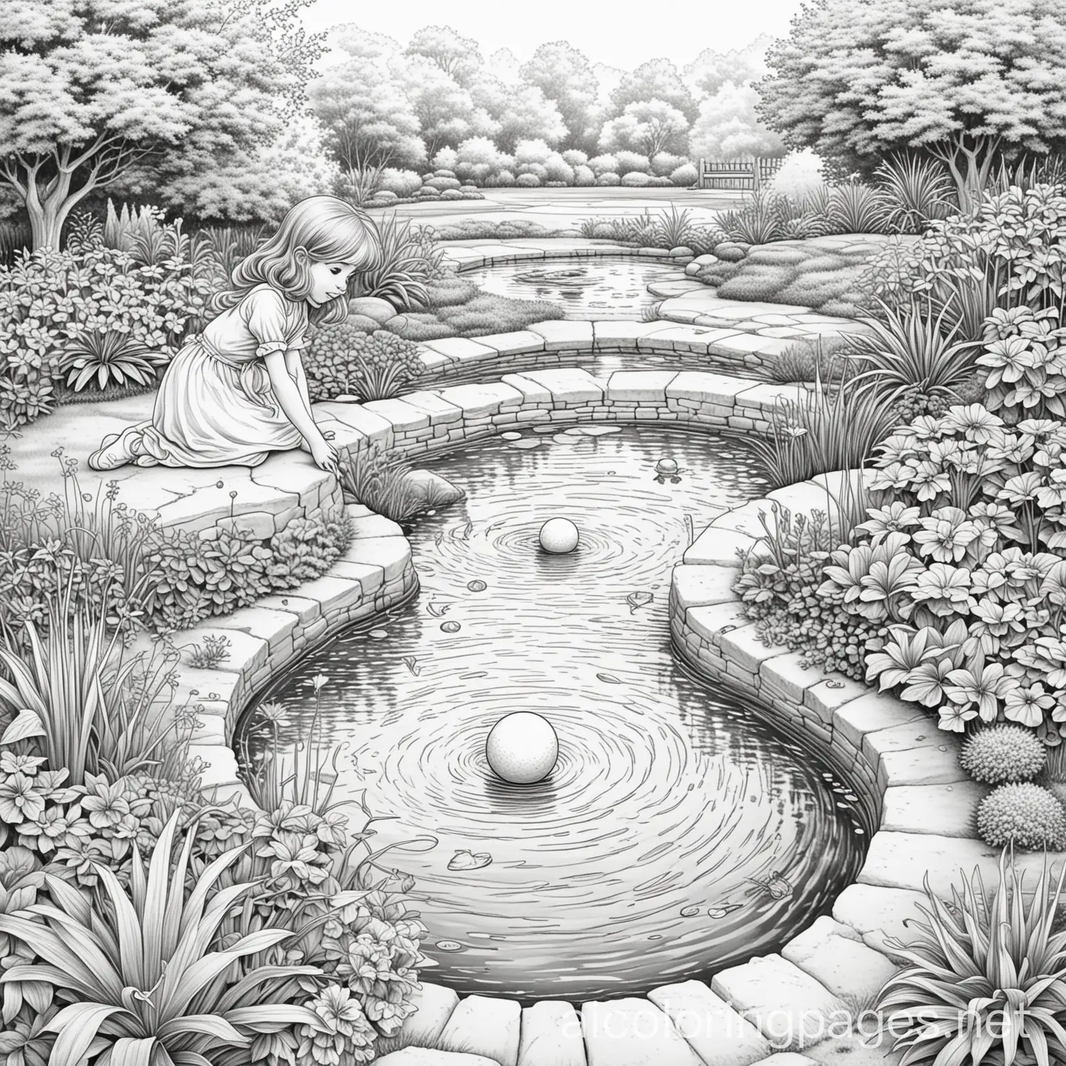 Princess-Playing-with-a-Ball-in-Garden-with-Pond-Coloring-Page