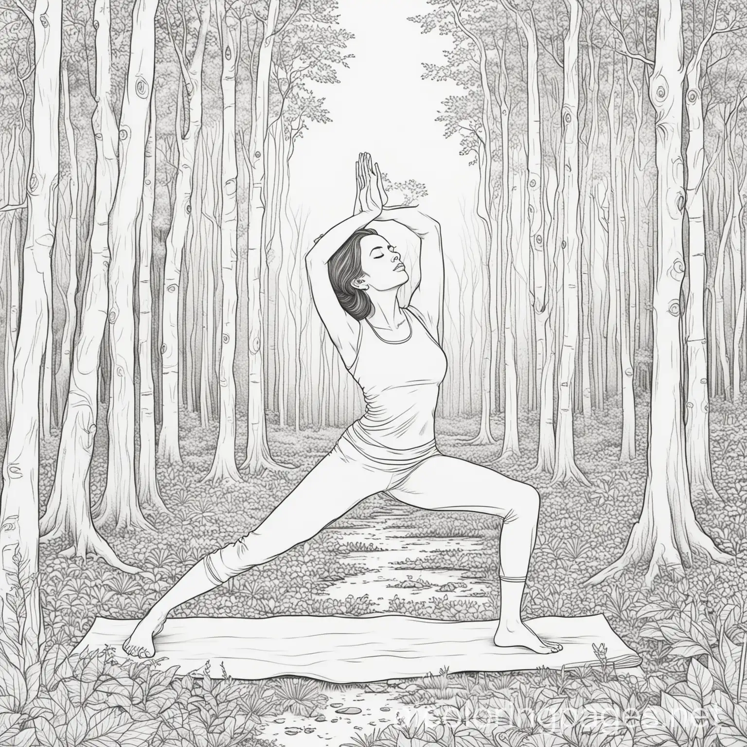 simple coloring page of woman doing yoga in the woods, Coloring Page, black and white, line art, white background, Simplicity, Ample White Space