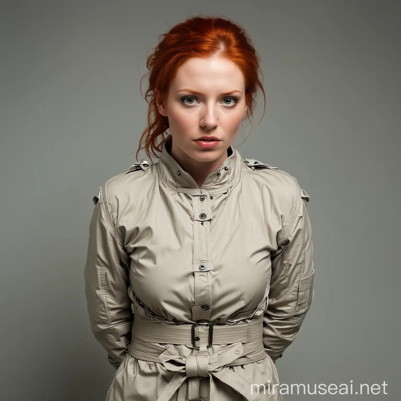 beautiful redheaded woman, straitjacket