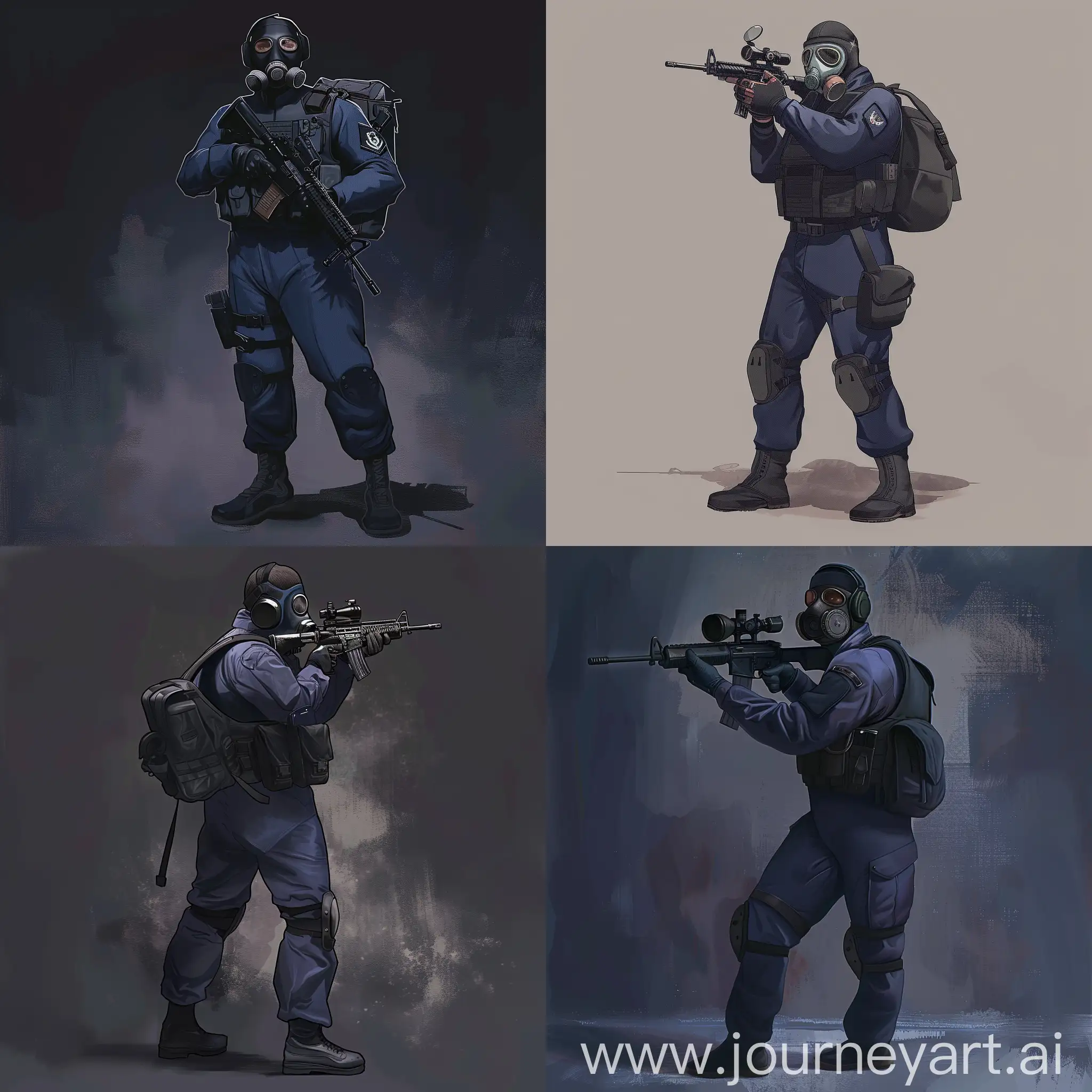 Digital character art, 4K HD, SAS operator, dark purple military jumpsuit, hazmat protective gasmask on his face, small military backpack, military unloading on his body, sniper rifle in his hands.