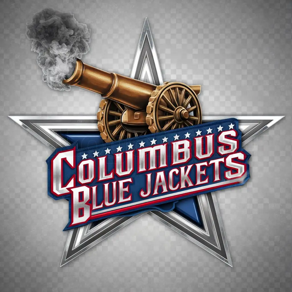 a logo design,with the text "Columbus blue jackets", main symbol:A bronze cannon firing with smoke on top of the wordmark 'Columbus Blue Jackets' in a patriotic font and in red, white and blue text which is inside a star.,Moderate,clear background