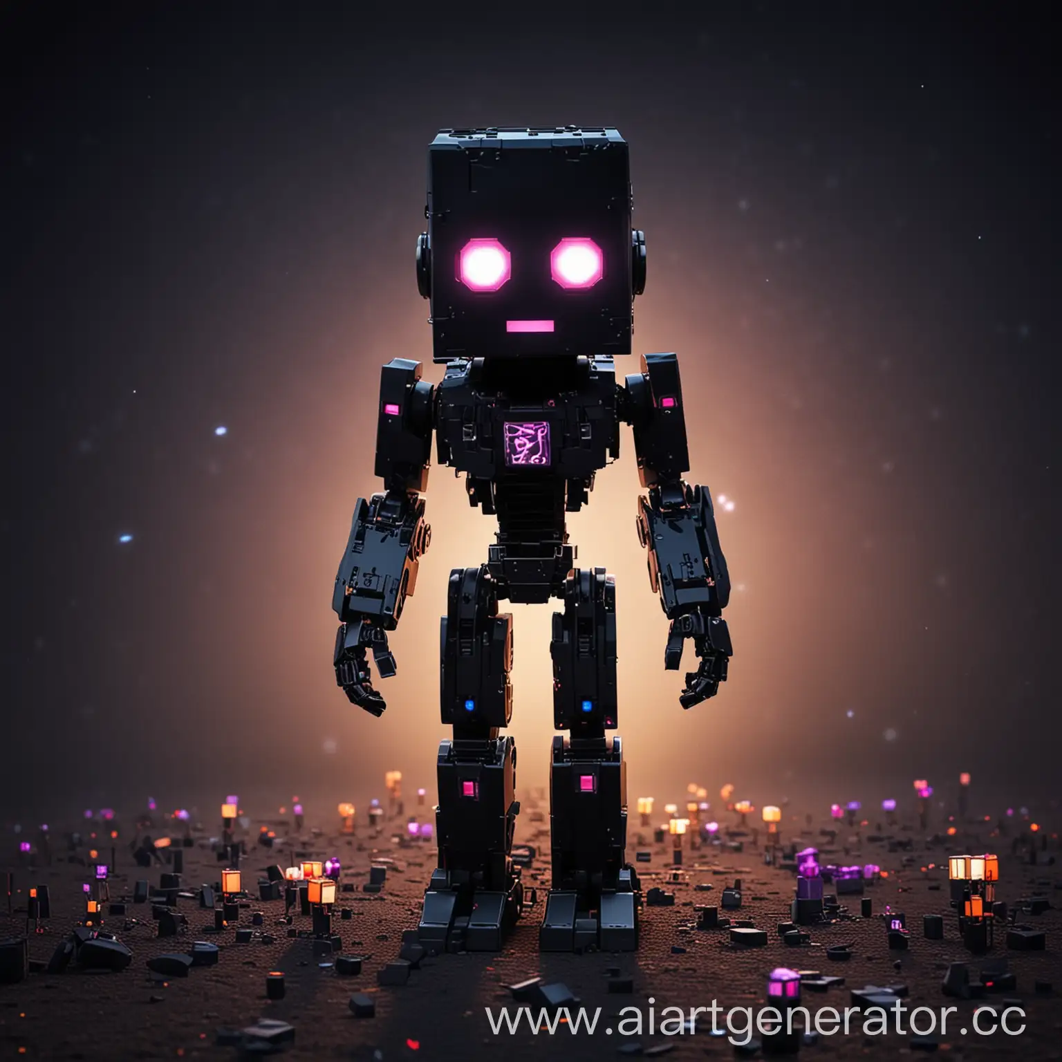 Enderman on night, glow bloom eyes, Robo ender robot
