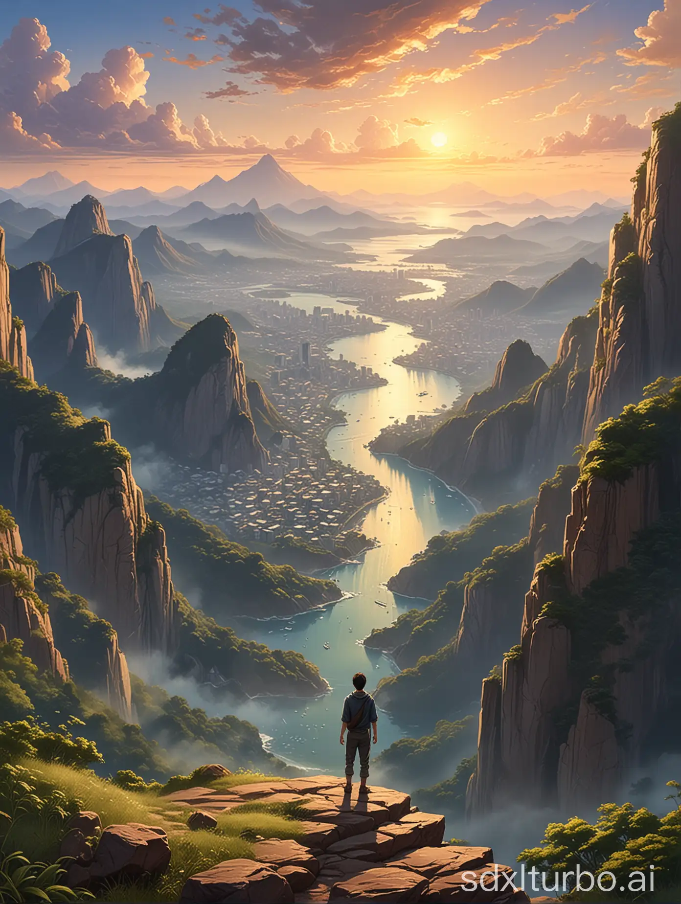 a painting of a man standing on top of a mountain, anime landscape, rio de janeiro in an anime film, fantasy matte painting，cute, anime scenery, ross tran and makoto shinkai, anime scenery concept art, makoto shinkai and tom bagshaw, very beautiful matte painting, makoto shinkai and (cain kuga), ross tran. scenic background