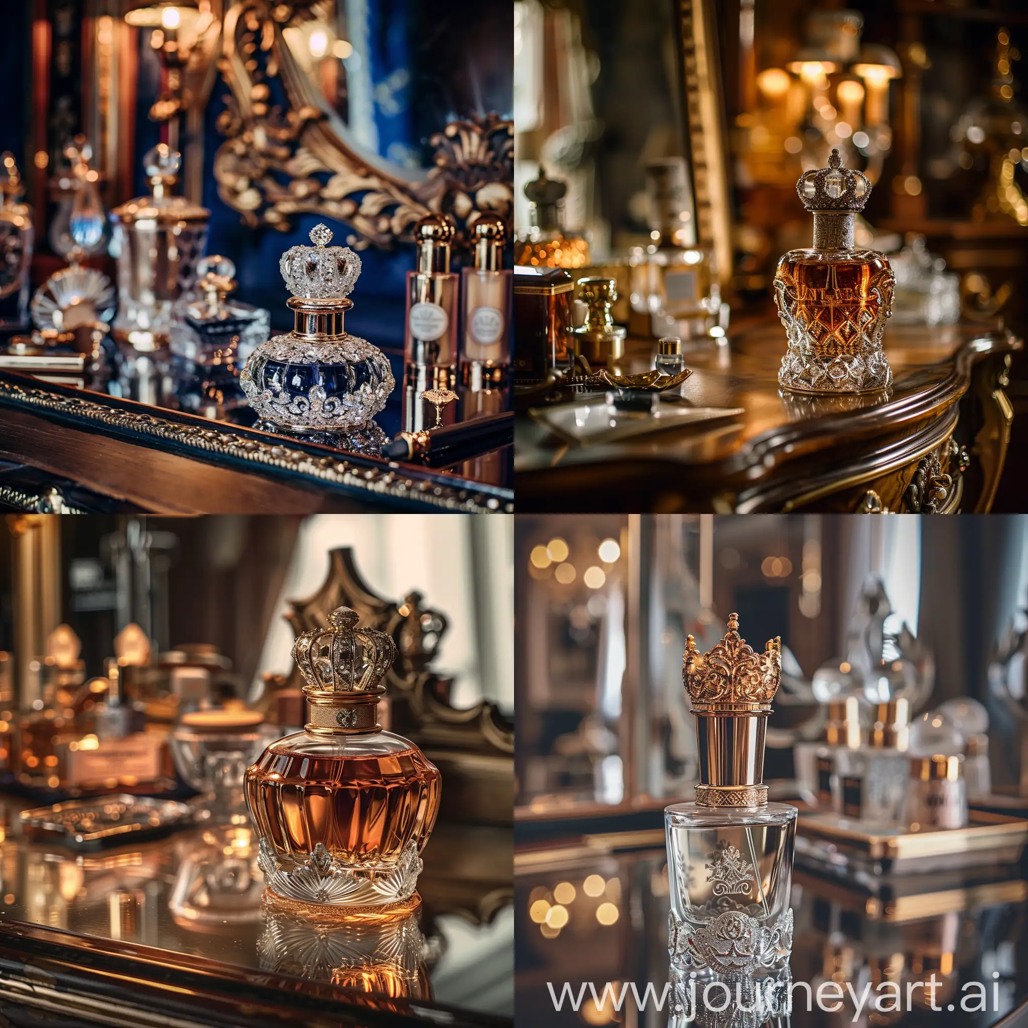 Real photo, random of a beautiful royal perfume on a beautiful dressing table, photography masterpiece, beautiful cool color, attention of the photo on the perfume bottle, studio shot