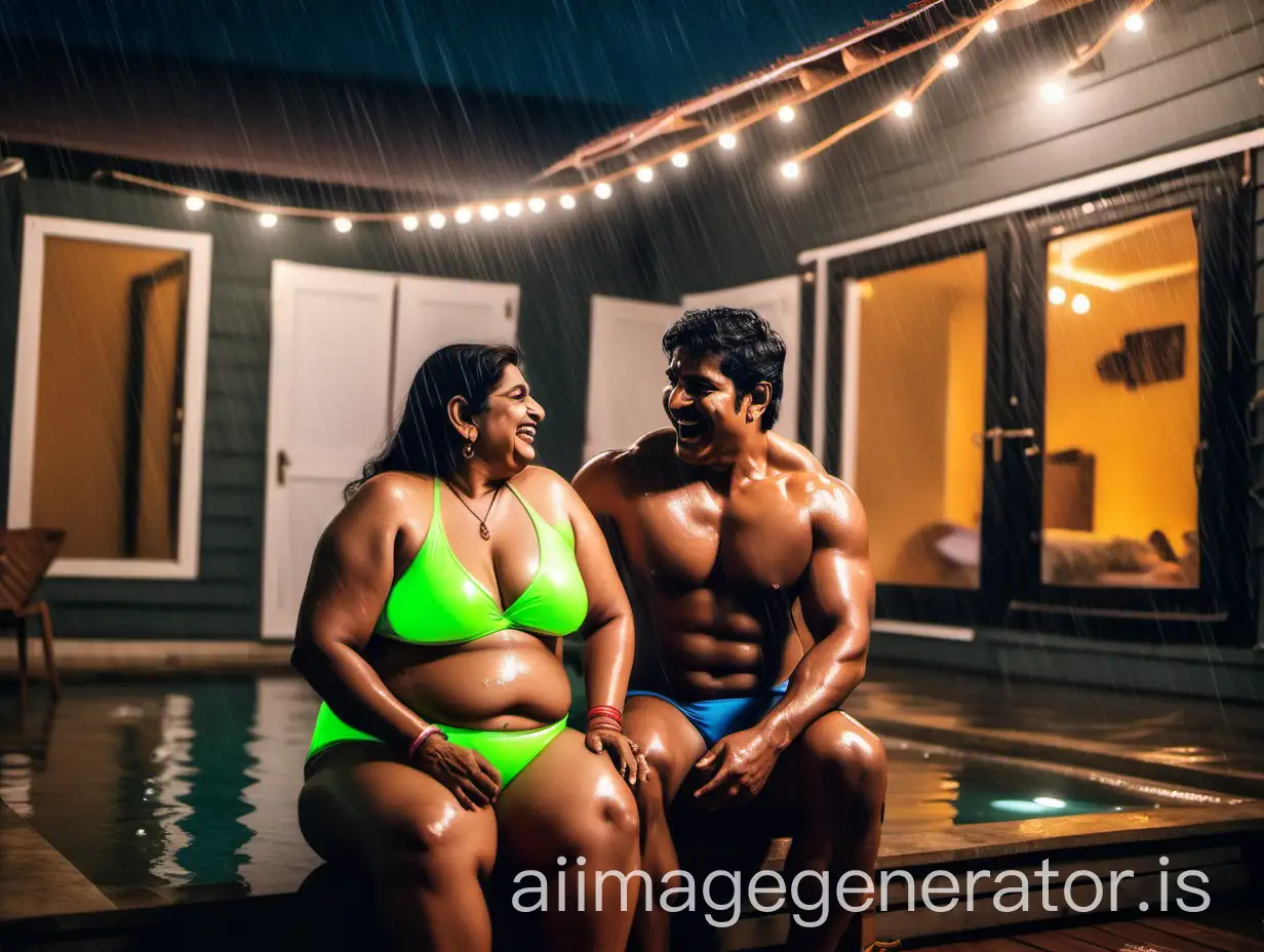 Laughing-Indian-Couple-in-Neon-Bikinis-with-Dog-in-Luxurious-Farmhouse-Bedroom-at-Night