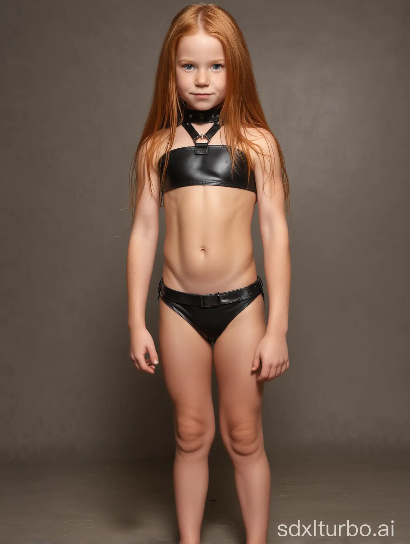 8 year old girl, leather bikini, choker, long ginger hair, exteremely muscular abs