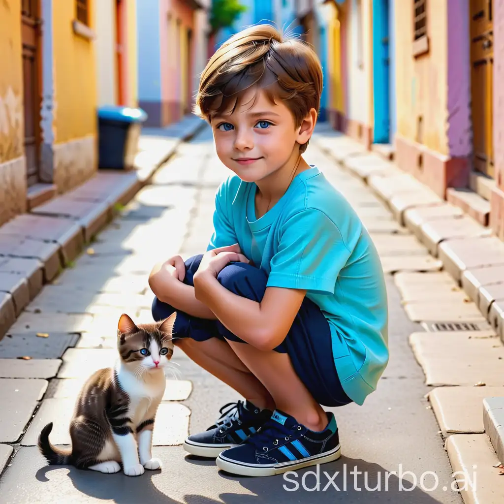 a 7 years old beautiful cute boy, with brown hair blue eyes, he bend his knees and found a new born kitty and look at a  light yellow color small and tiny new born kitten, back ground is a street