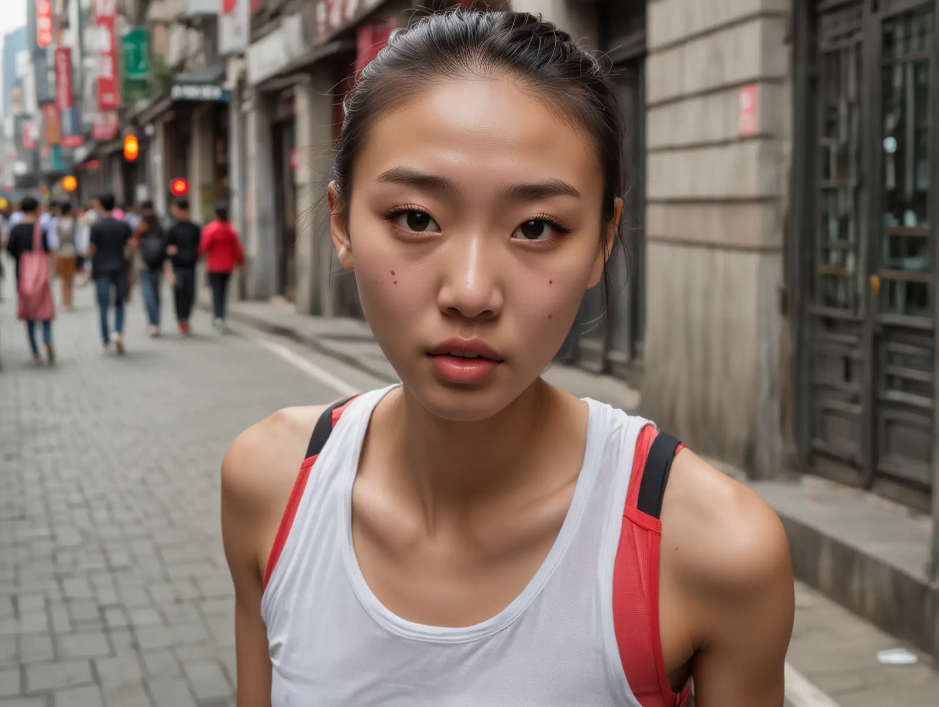 face of a stunned angelic 18-year-old skinny Chinese college athlete in tight running clothes on a downtown sidewalk in Shanghai. She is blushing and breathless, her lips parted, staring at the camera with a desperate pleading look. She is a natural beauty without makeup.