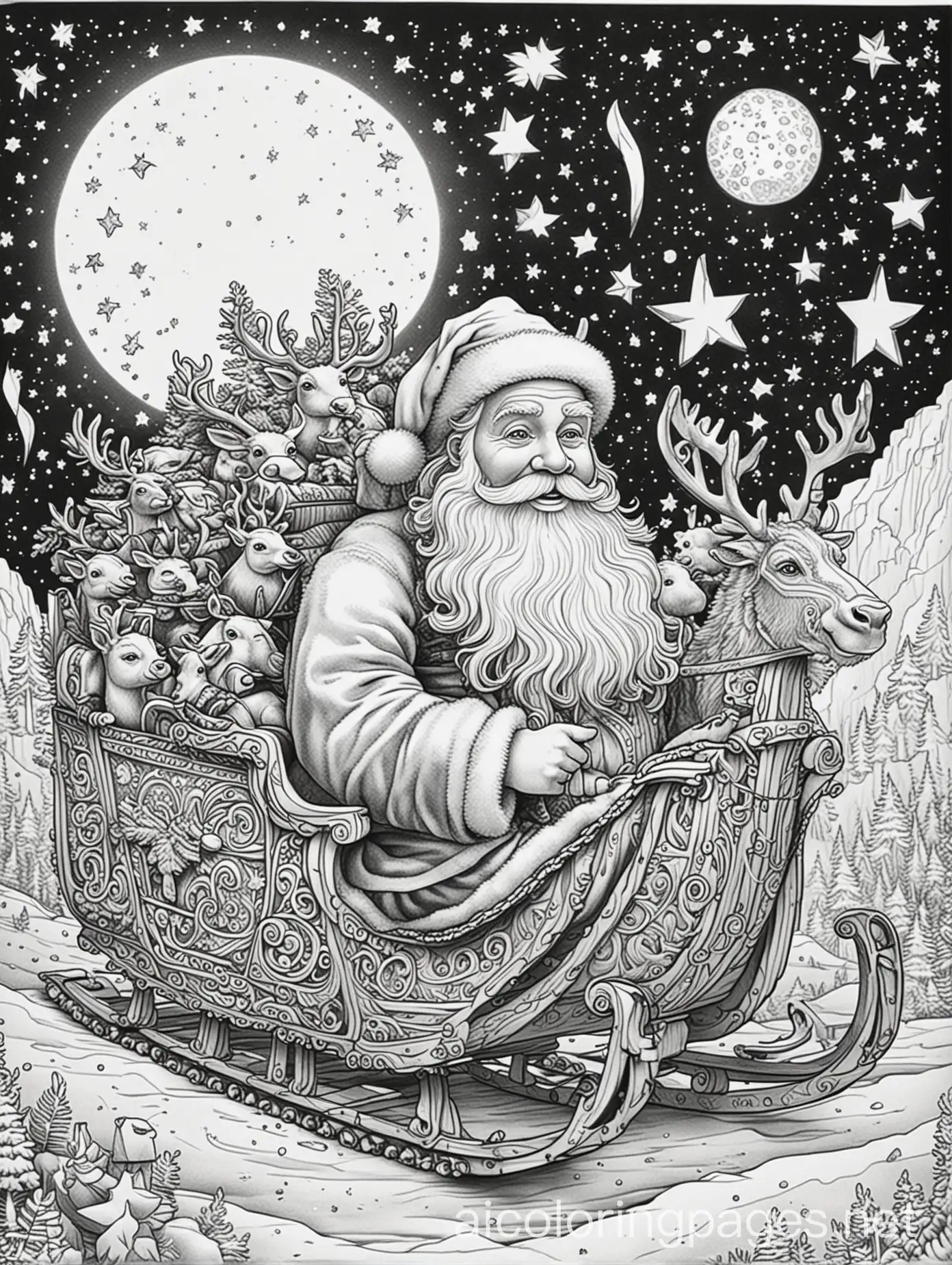 A robust, jolly Santa, sitting in his sleigh, pulled by eight tiny reindeer, on a starry snowy night, the moonlight glinting off of Santa's face, Child's coloring book, distinct thick lines so a toddler can color it, child's coloring page, black and white, ample white space, highly detailed, intricate, elaborate, thick outlines to make it easy to color, Coloring Page, black and white, line art, white background, Simplicity, Ample White Space. The background of the coloring page is plain white to make it easy for young children to color within the lines. The outlines of all the subjects are easy to distinguish, making it simple for kids to color without too much difficulty, Coloring Page, black and white, line art, white background, Simplicity, Ample White Space. The background of the coloring page is plain white to make it easy for young children to color within the lines. The outlines of all the subjects are easy to distinguish, making it simple for kids to color without too much difficulty