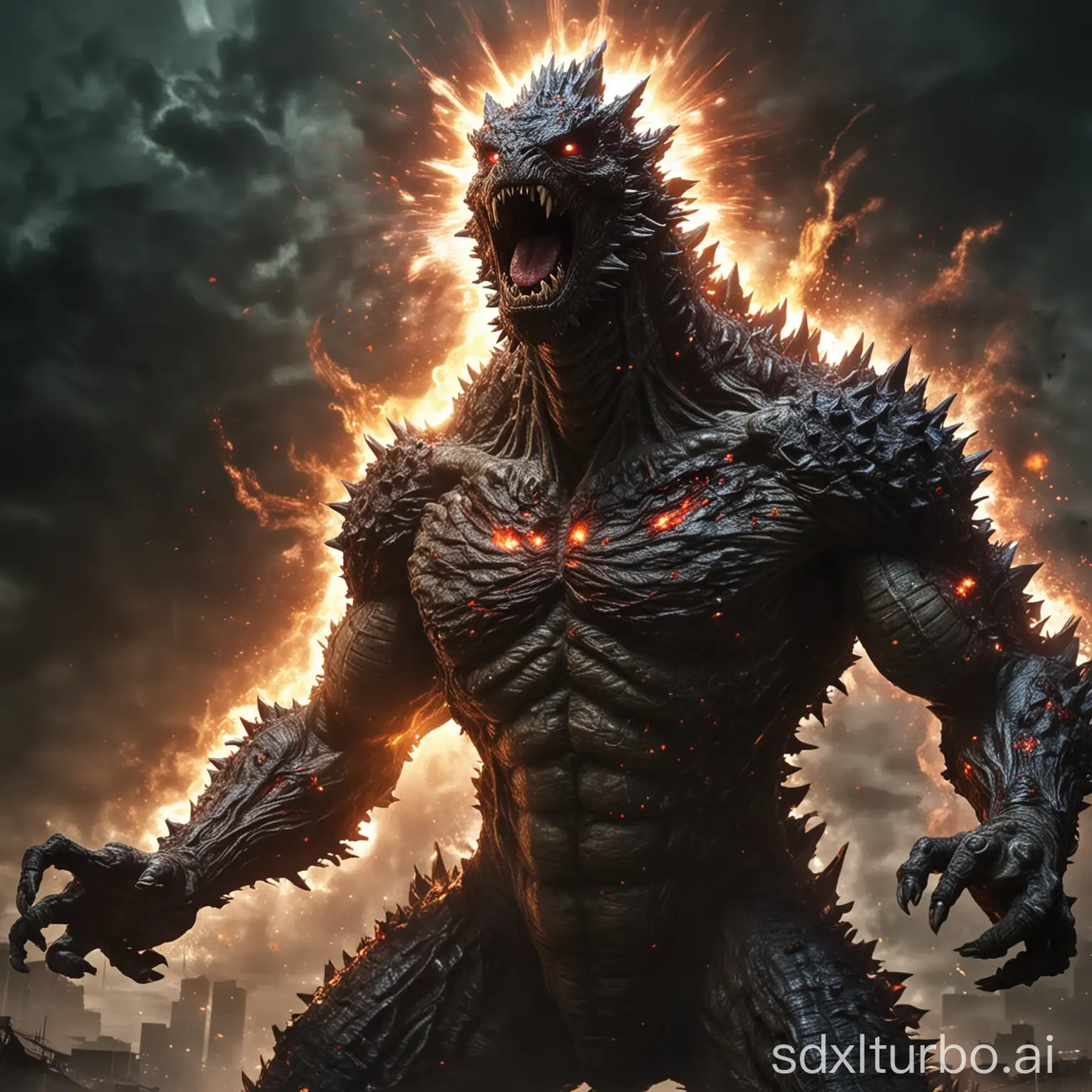 zombie godzilla mutant super god form aura, spitting a atomic flare which is similiar to a super nova out of his mouth