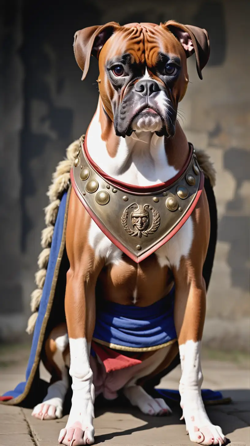 A Boxer dog wearing an ancient European warrior outfit.