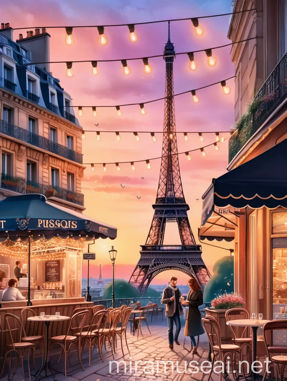 An illustration poster design of Paris at the end of the day with the famous eiffel tower in the center, romantic evening in Paris, France, featuring the iconic Eiffel Tower in the distance, charming outdoor cafe with string lights overhead, surrounded by quaint Parisian architecture. The warm, vibrant colors and atmosphere of a lively Parisian street at dusk. This image prompt could be described as: "A romantic, vibrant illustration of a Parisian cafe scene at sunset, with the Eiffel Tower in the background, string lights overhead, and a cozy, inviting atmosphere." short shot --AR 2:3