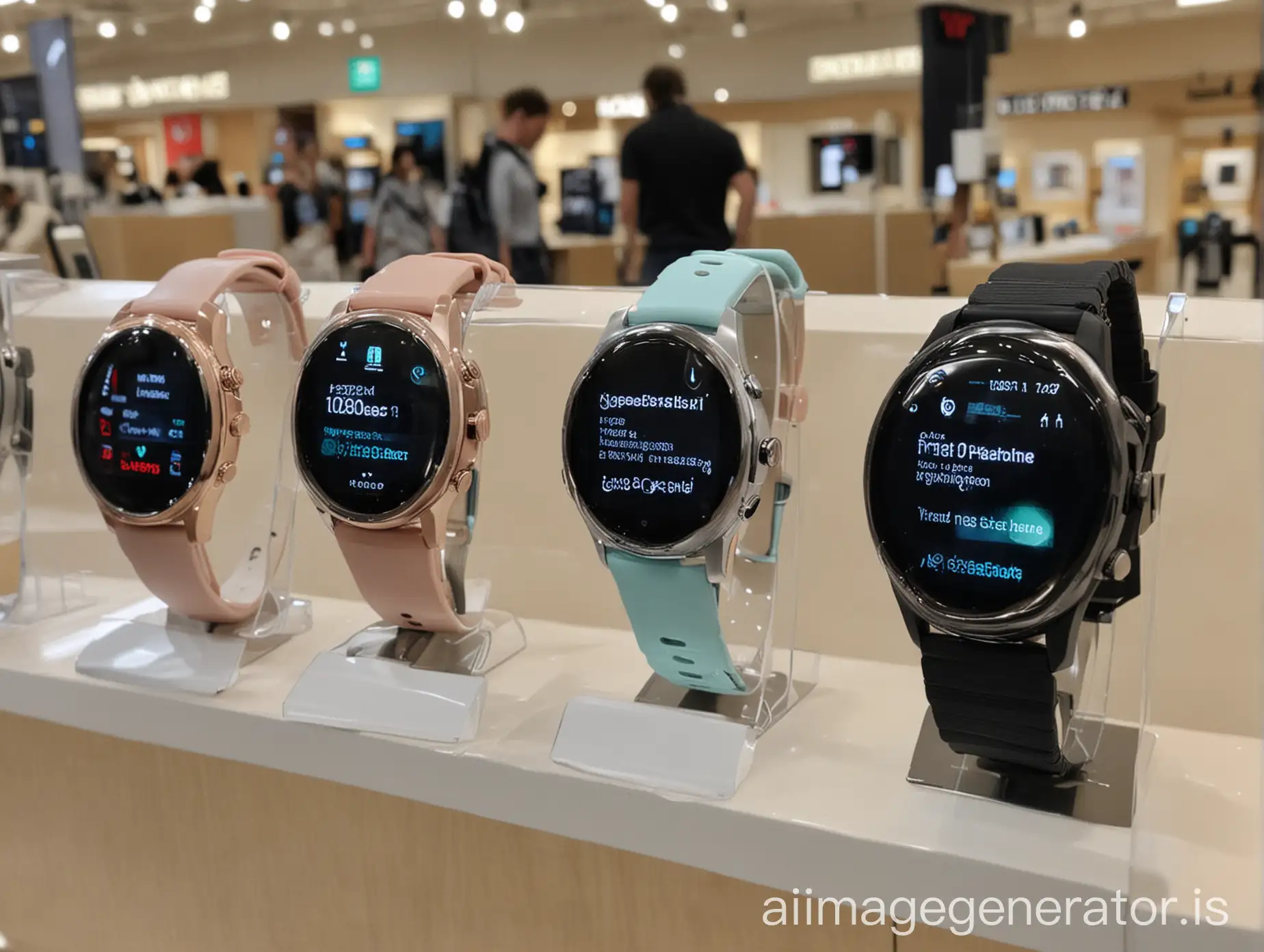 Four-Stylish-Smartwatches-Displayed-in-a-Trendy-Tech-Store