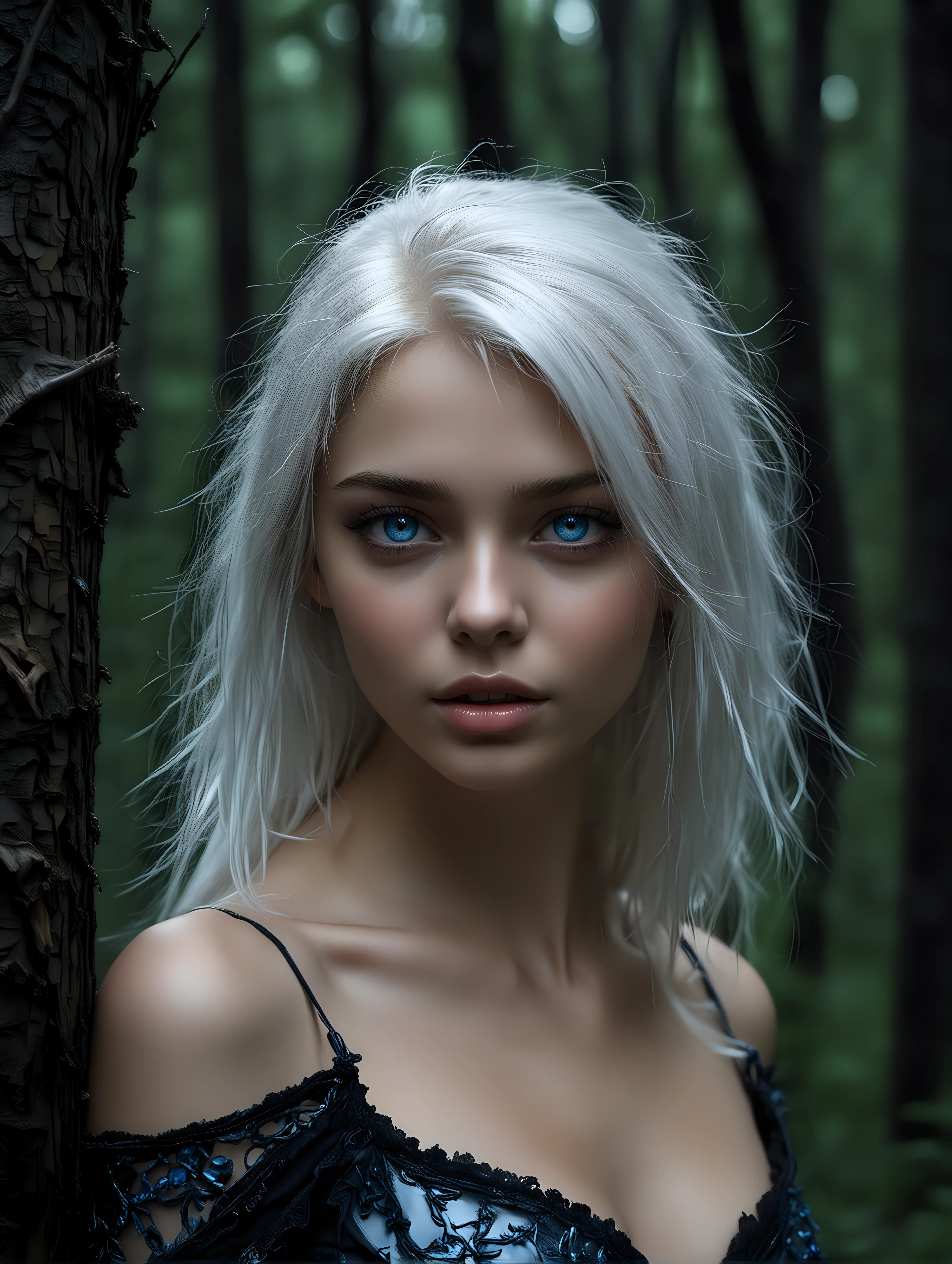 Photo of a beautiful 18 y.o. russian model, perfect body, white hair, glowing blue eyes, in dark forest, dark fantasy theme, upper body view