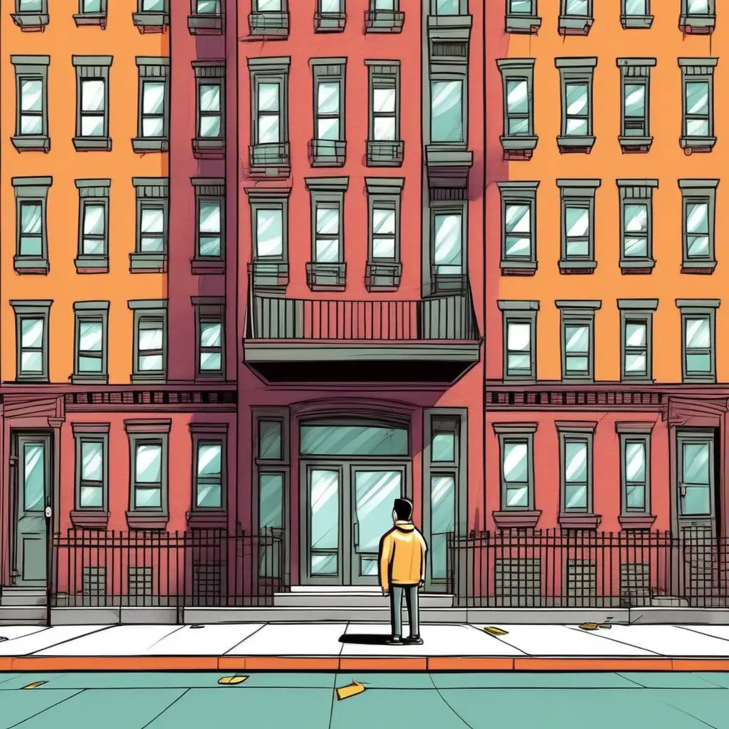 Cartoony color:  Wide flat angle new york style apartment building with a clueless young man standing on the sidewalk.