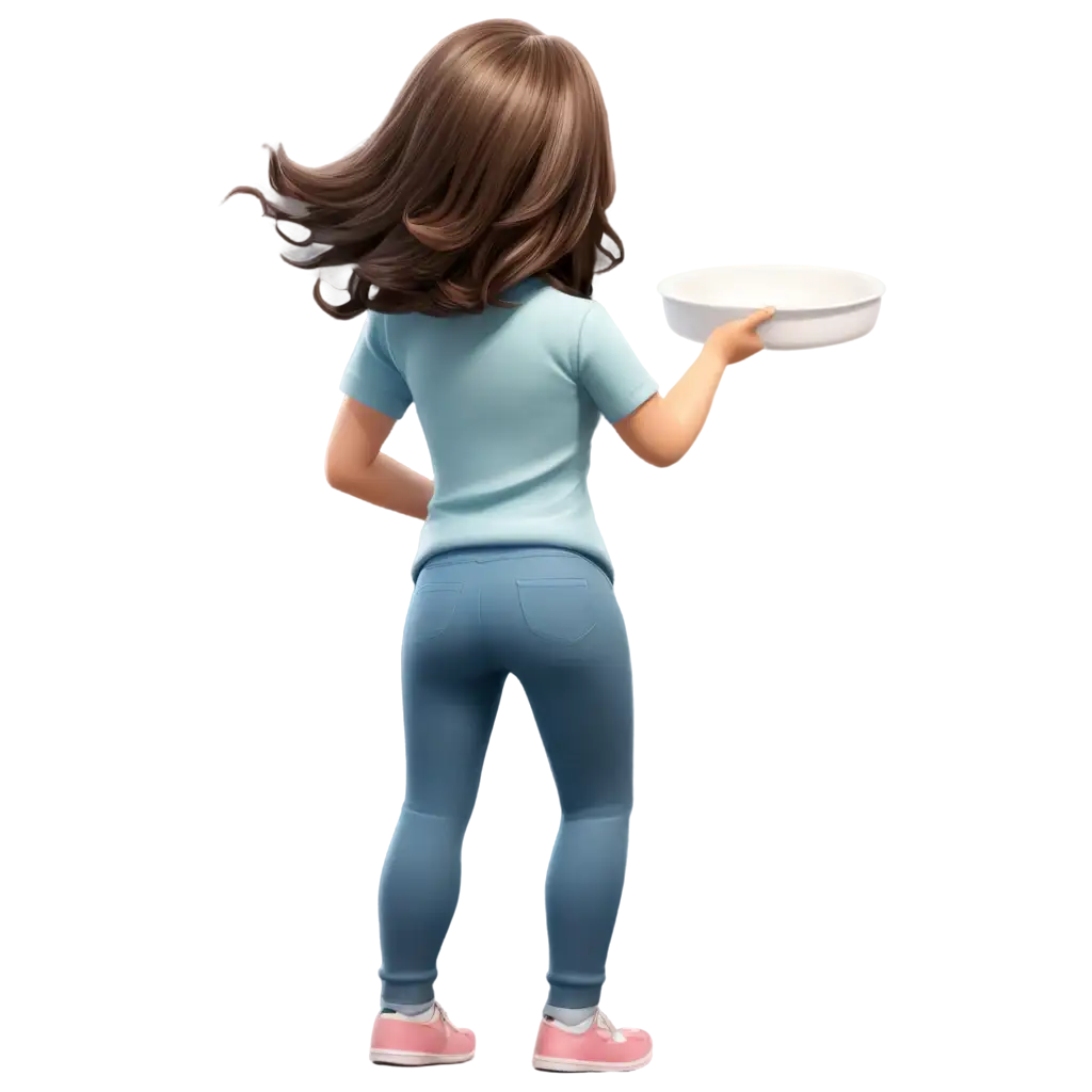back of a cartoon girl standing with her hair out with pants and a t-shirt and her hands doing dishes 