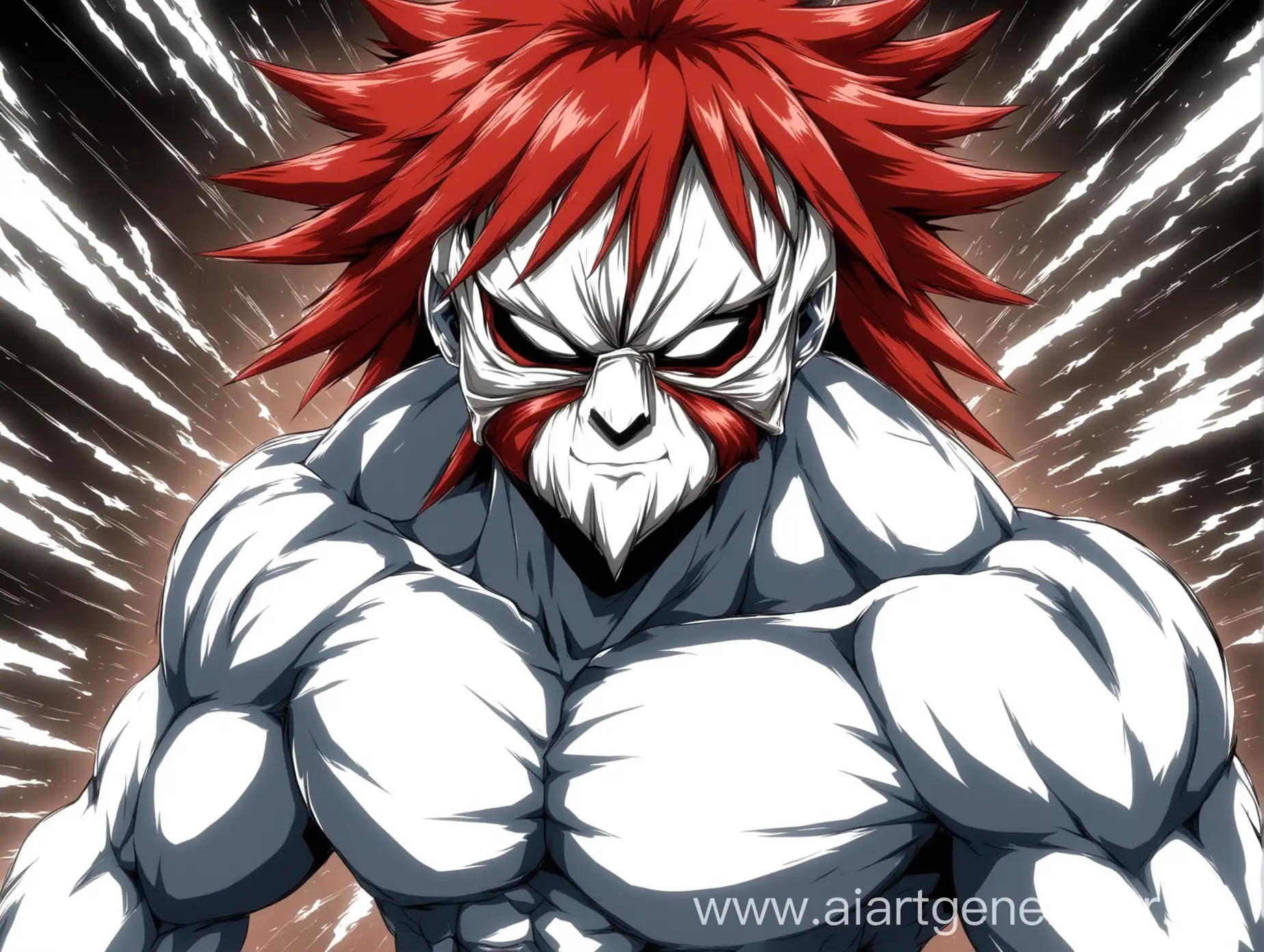 Аниме персонаж, гипердетализация, агрессивный, накаченный, в белой маске, красные волосы