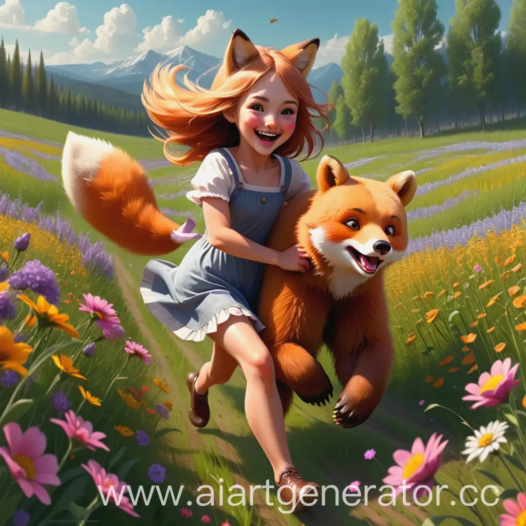 Красивая лисичка с человеческим телом весело бежит за большим и добрым медвежонком по цветущему полю
