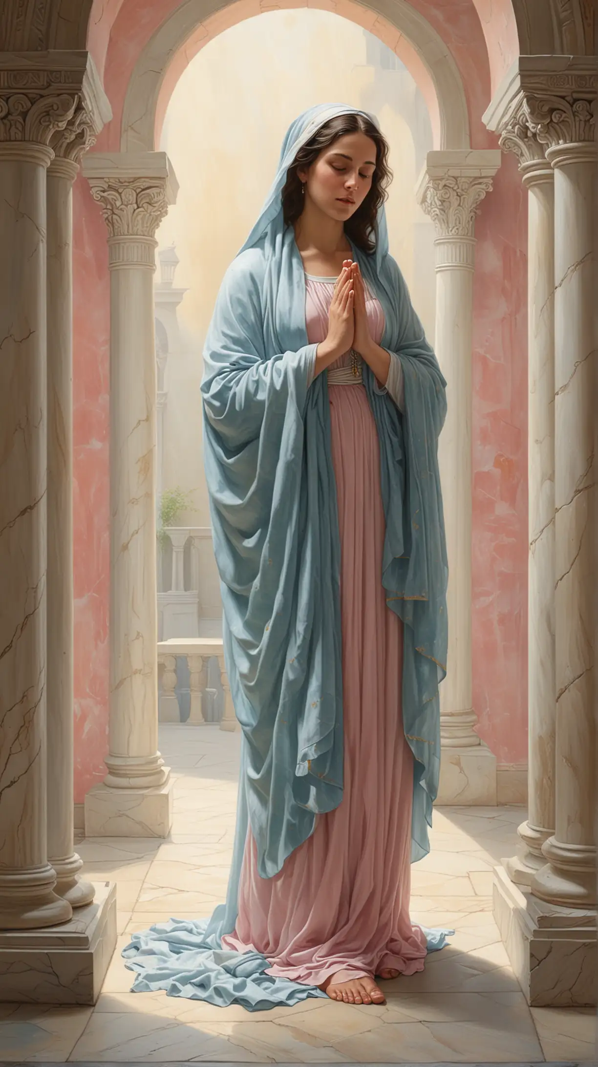 The painting depicts The virgin Mary. The scene is set within the temple, suggested by the arched stone doorway and the polished marble walls and columns.

Central Figure

The Virgin Mary: We are seeing the left-side-view of the Virgin Mary is a very pretty eighteen year-old girl with long black wavy hair wearing a blue mantle over a pink dress, standing wearing sandals. She holds her hands clasped together over hear breast in the act of prayer.

Additional Details: 
Lighting: Light is from the upper right.
The Temple Setting: The temple walls and columns are in polished white marble.  The background features a curtain. The cold tones of the painting and the play of light and shadow create a sense of solemnity and reverence.
Symbolism:  The white veil symbolizes purification.
Overall Impression:

The painting captures the emotional intensity and spiritual significance of the subject The expression of the figure, the symbolism, and the setting all contribute to a powerful depiction of this pivotal event.