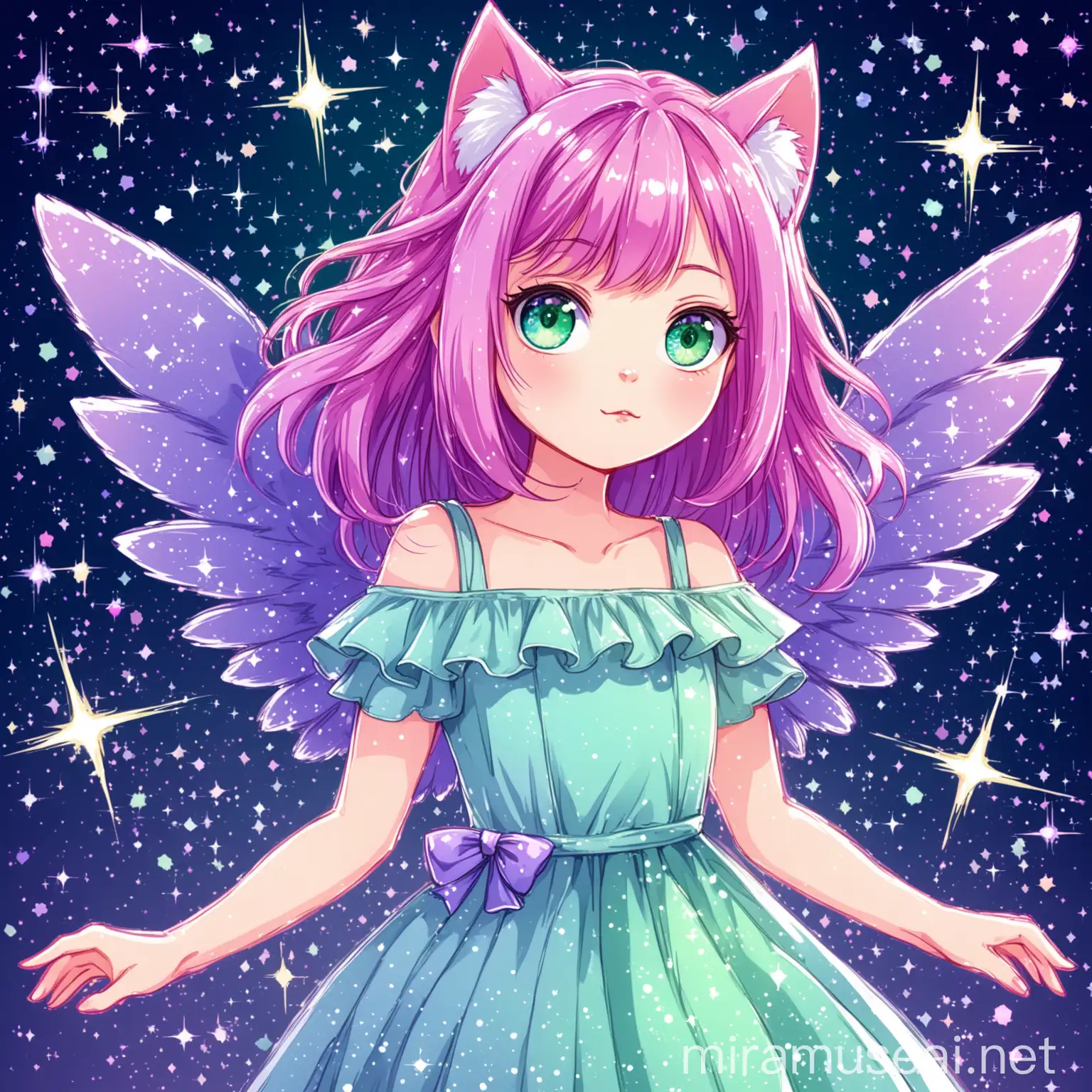 Fantasy Girl with PurplePink Hair Wings and Cat Ears in a BlueGreen Dress