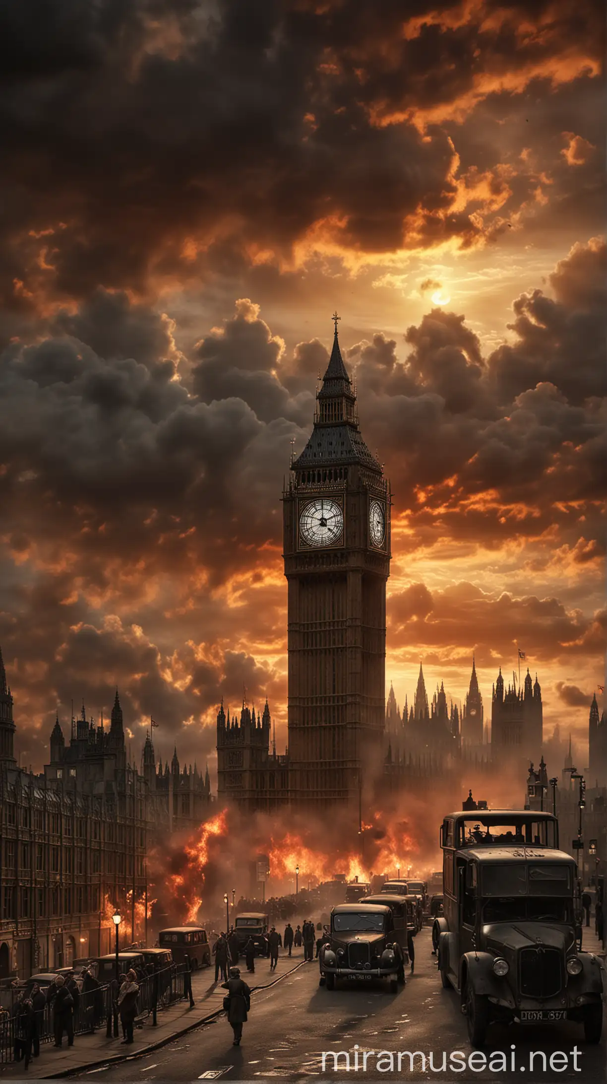 A dramatic depiction of wartime London, with iconic landmarks such as Big Ben and the Houses of Parliament silhouetted against a fiery sky. hyper realistic