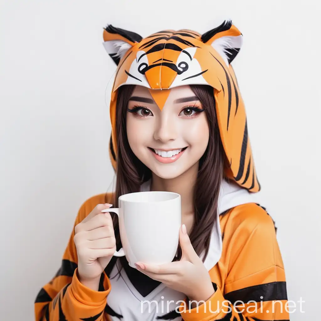 Красивая девушка косплей тигр улыбается с квадратной белой кружкой на белом фоне