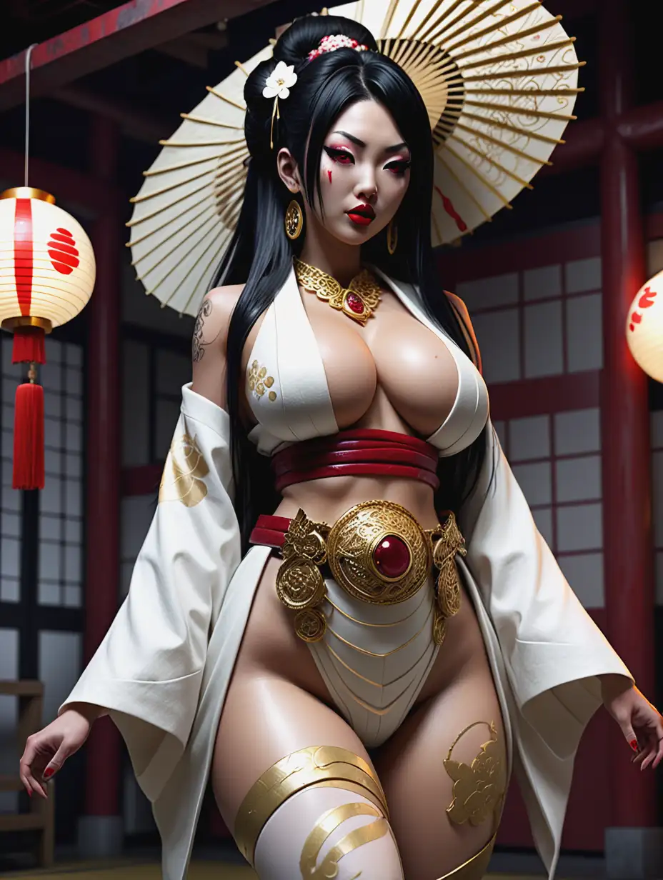 Full body shot. High res, best quality, max detail. Ray tracing, reflections, dynamic lighting. Fan service, eerie atmosphere. Japanese Horror aesthetics, emotional depth, post-apocalyptic themes, intricate details. Massive_Buxom curvy leggy Asa_Akira lookalike poses. 30 years old. Exquisite intricate white geisha outfit, Taimanin_asagi design. Outfit has massive deep wide cutouts, & dangling fabric. Exquisite huge gold ruby necklace, chunky gold regal bracelets, earrings. Huge_protruding_buxom. Wide_hips. Full_very_long_eyelashes. Long straight black hair. Red lipstick, bold thick eyeliner, sparkling dark eye shadow. Arrogant_smile.