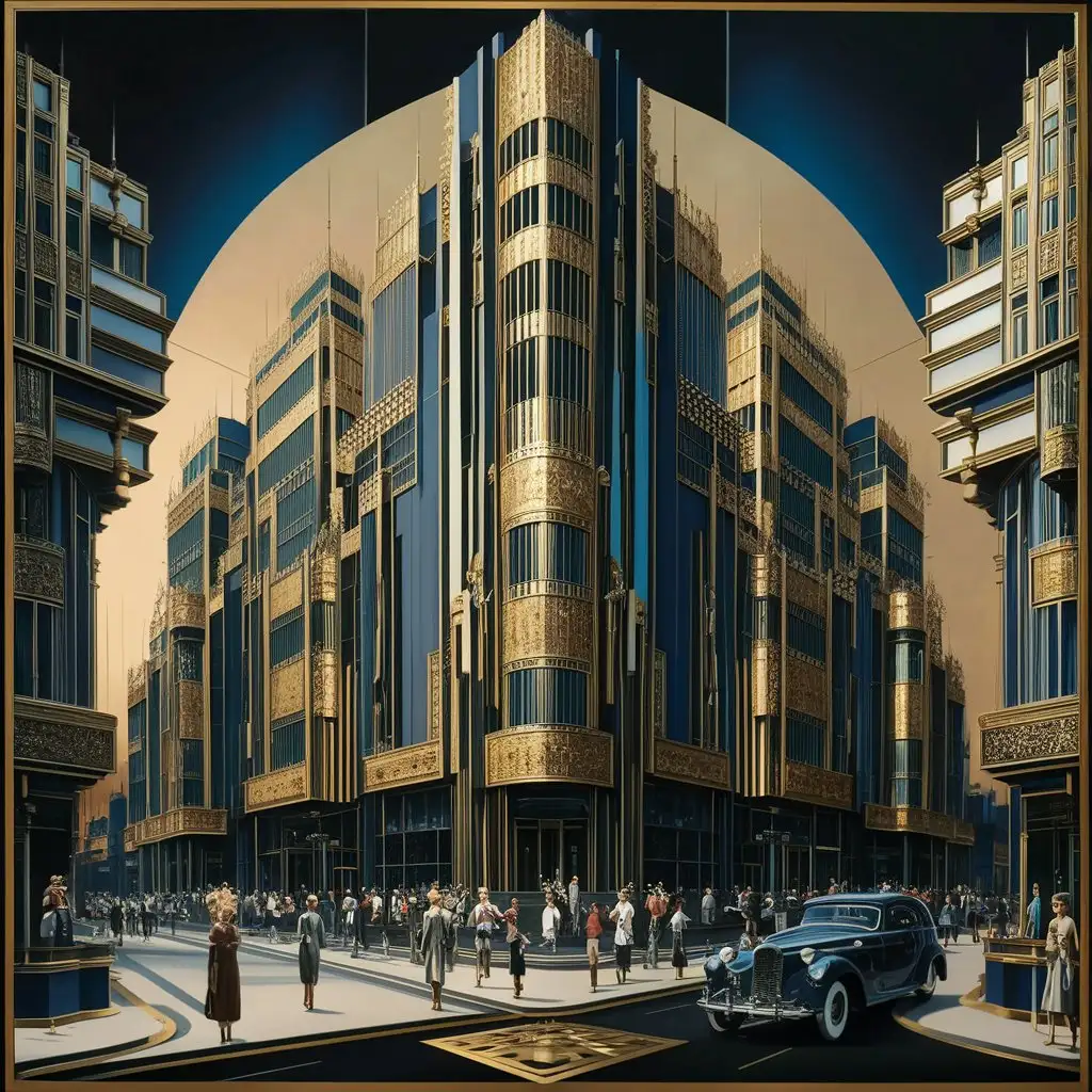 Vibrant Art Deco Architecture Painting with Geometric Patterns