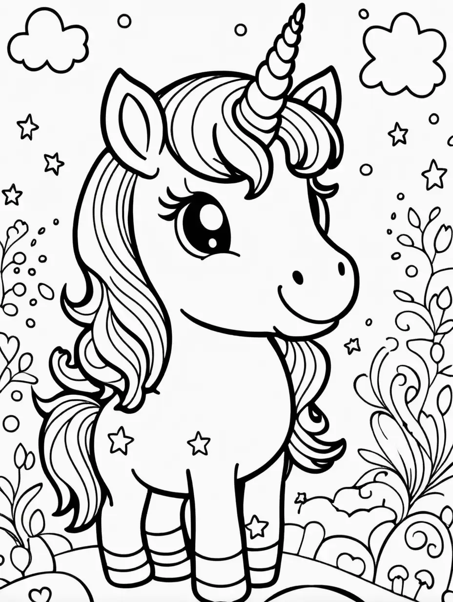Childrens Coloring Book, black and white, CUTE UNICORN, high contrast