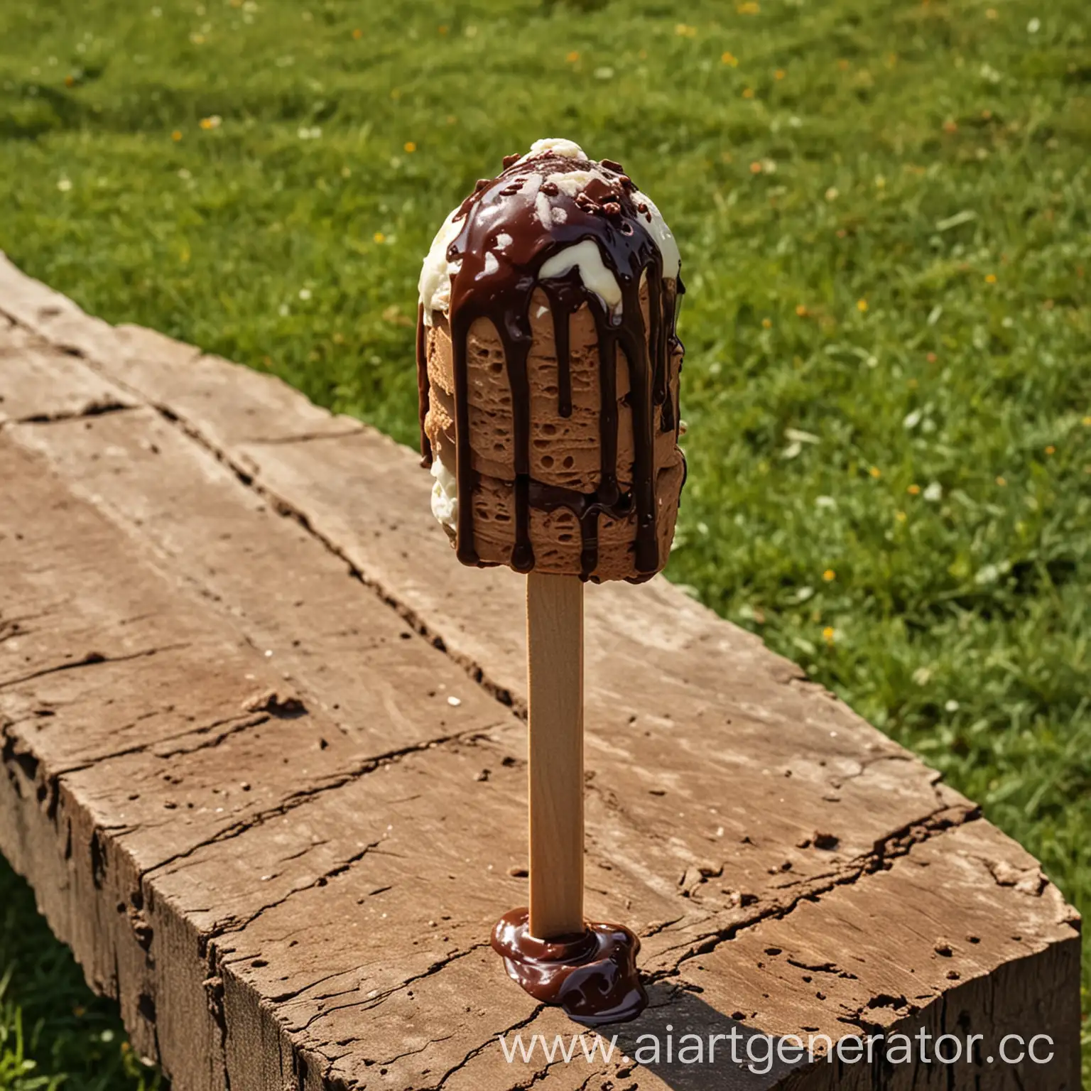 Брикет сливочного мороженого в шоколадной глазури на деревянной палочке.  в виде памятника в парке
