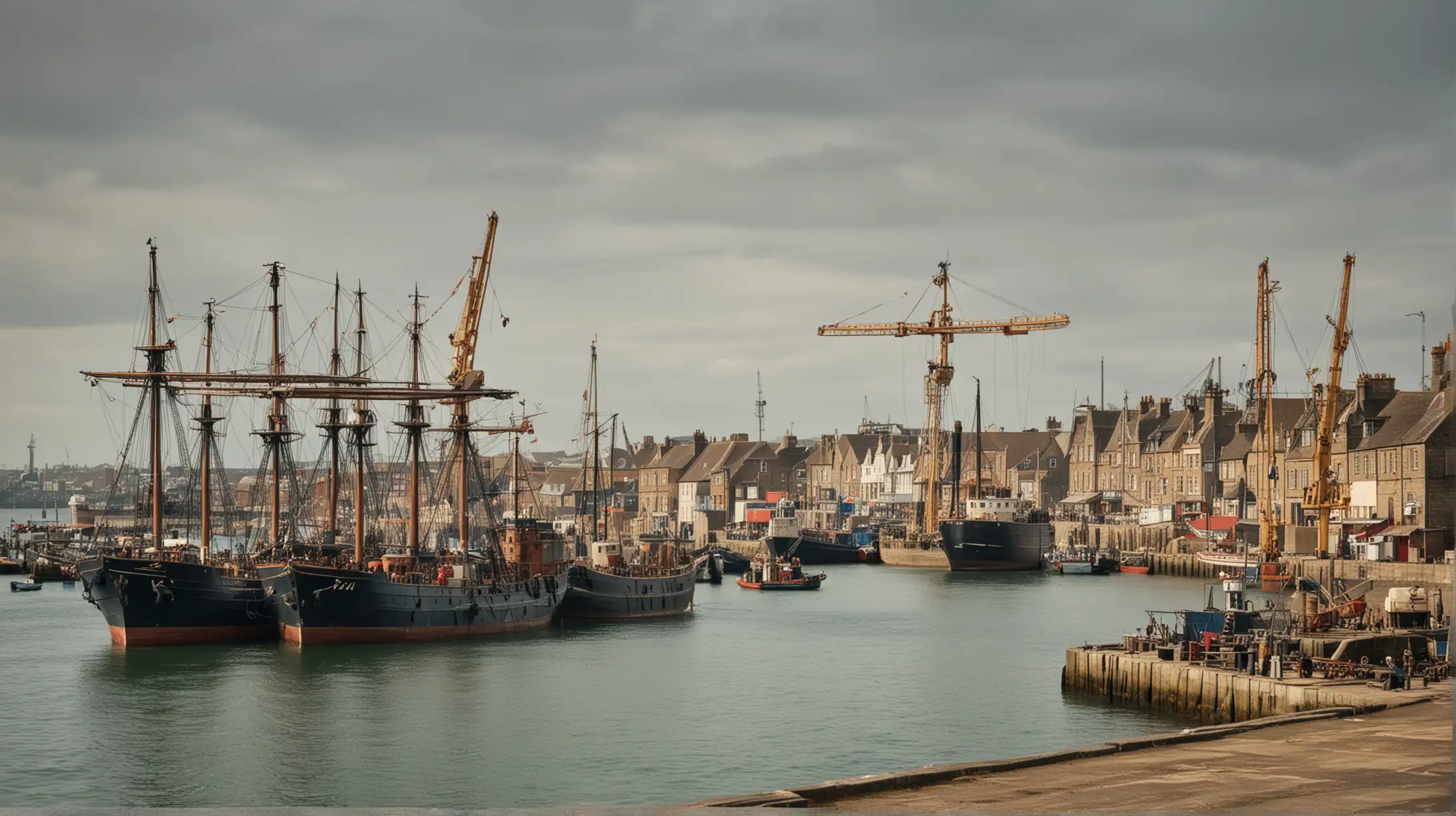 Old English Trade Port with Sea View and Cranes