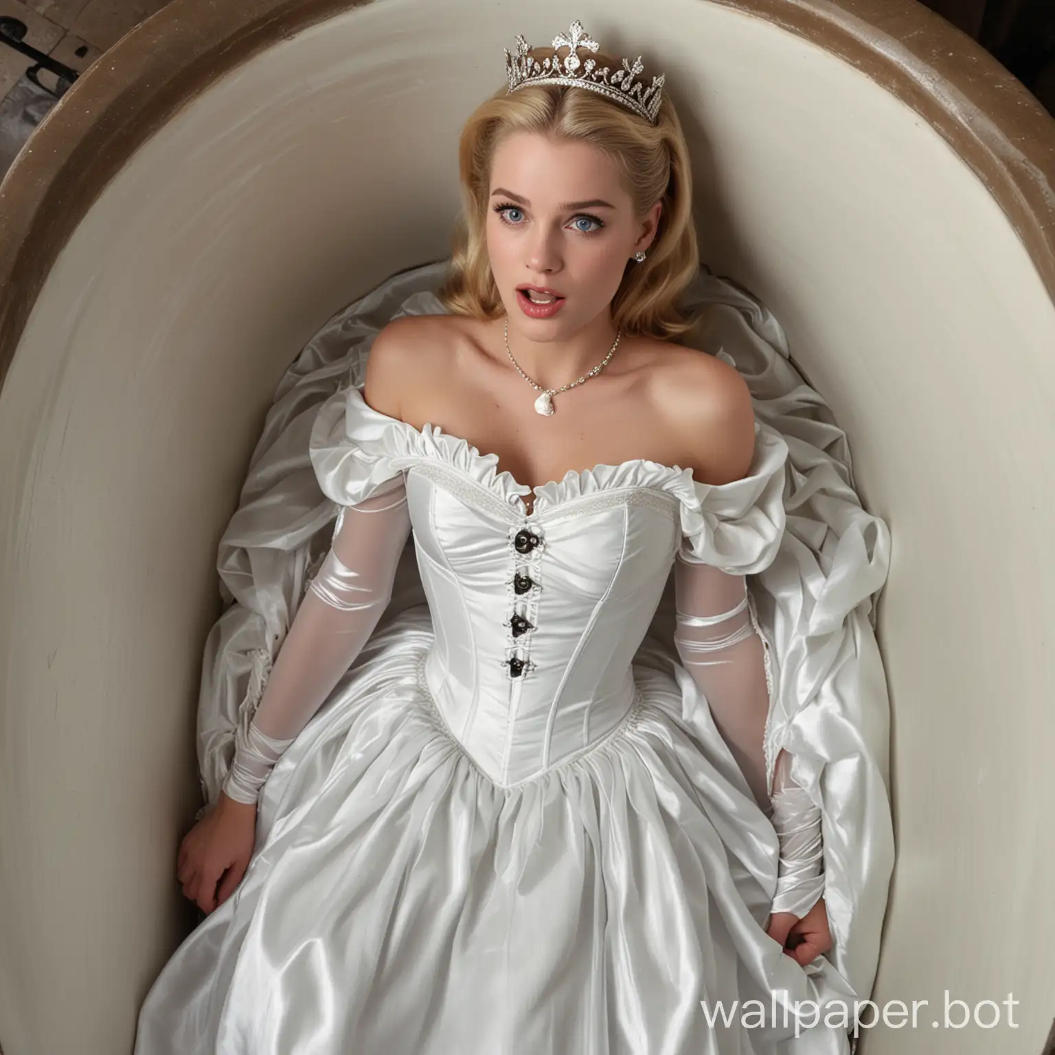view from above. In men's public dirty toilet white beautiful blue-eyed blonde slim young actress Grace Kelly in crown on her knees in white silk off-shoulder sleeveless dress, white silk push up corset, white silk opera length gloves. white Queen Grace Kelly in crown beg on her knees in front of standed two black afro male dirty hobos tramps with their pants down. Queen's mouth open extra wide. disgust on her face
