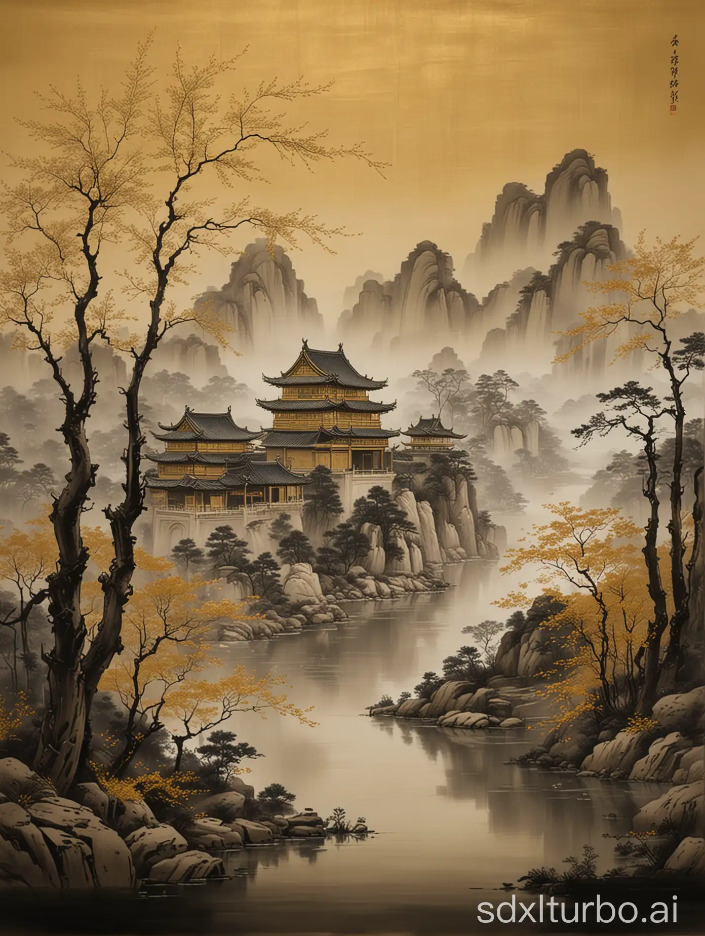 Ancient-Chinese-Architecture-Landscape-Painting-with-Golden-Buildings-on-Matte-Black-Background