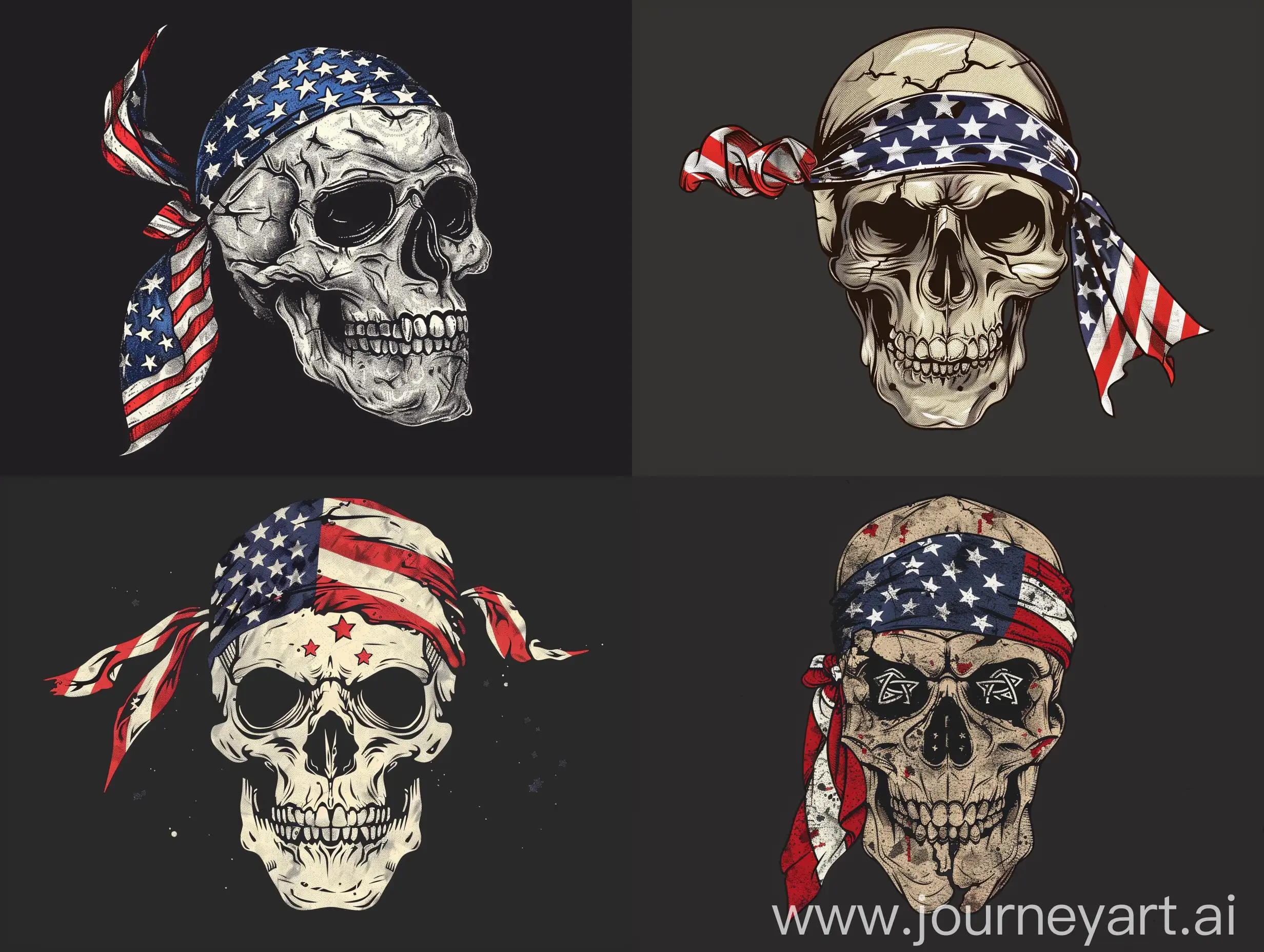 T-shirt design vector skull with an American flag 
tied in a bandana on the head on a black background