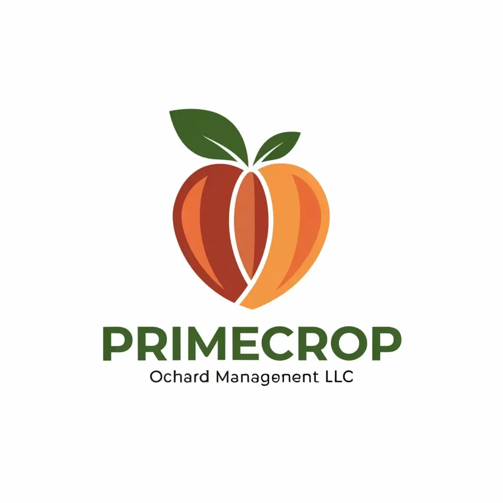 a logo design,with the text "PrimeCrop Orchard Management LLC", main symbol:a peach with two leaf for the "o" in orchard word, agriculture feels, two leafs with logo Name, stylish, text based,,Moderate,be used in Nonprofit industry,clear background