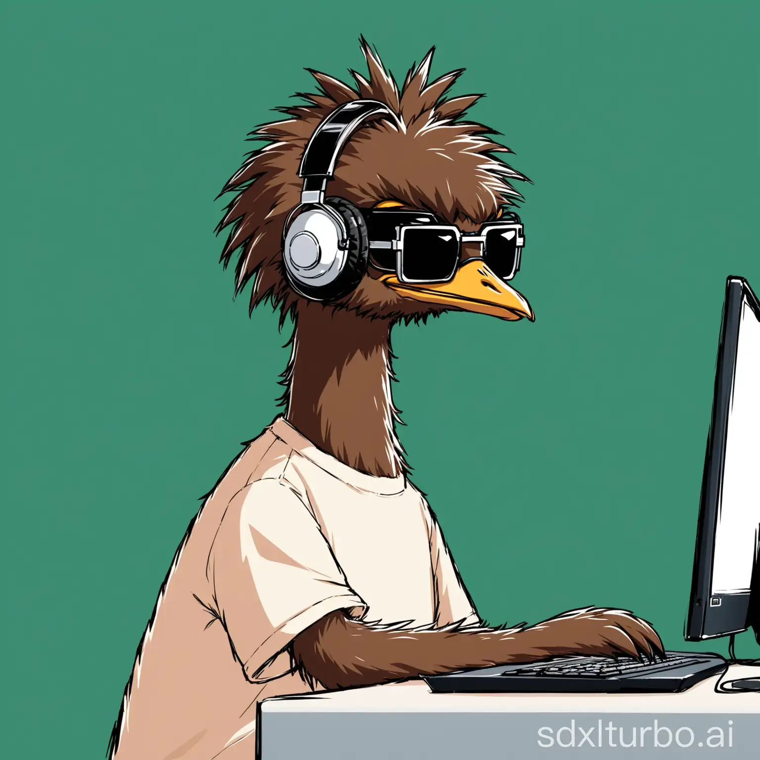 A profile picture of a simple techno emu with his headphones, sunglasses on a computer