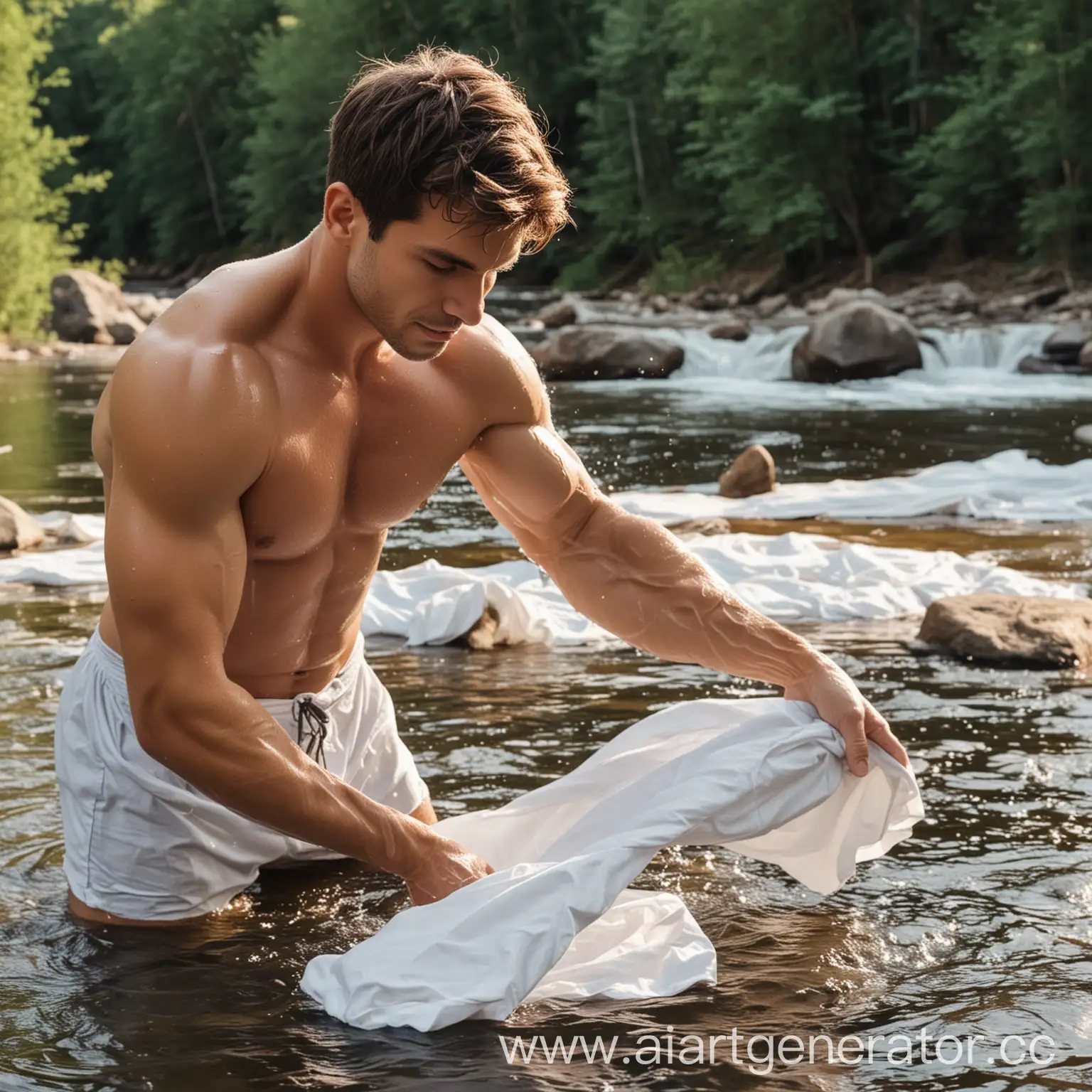 Muscular-Man-Washing-White-Sheets-by-the-River