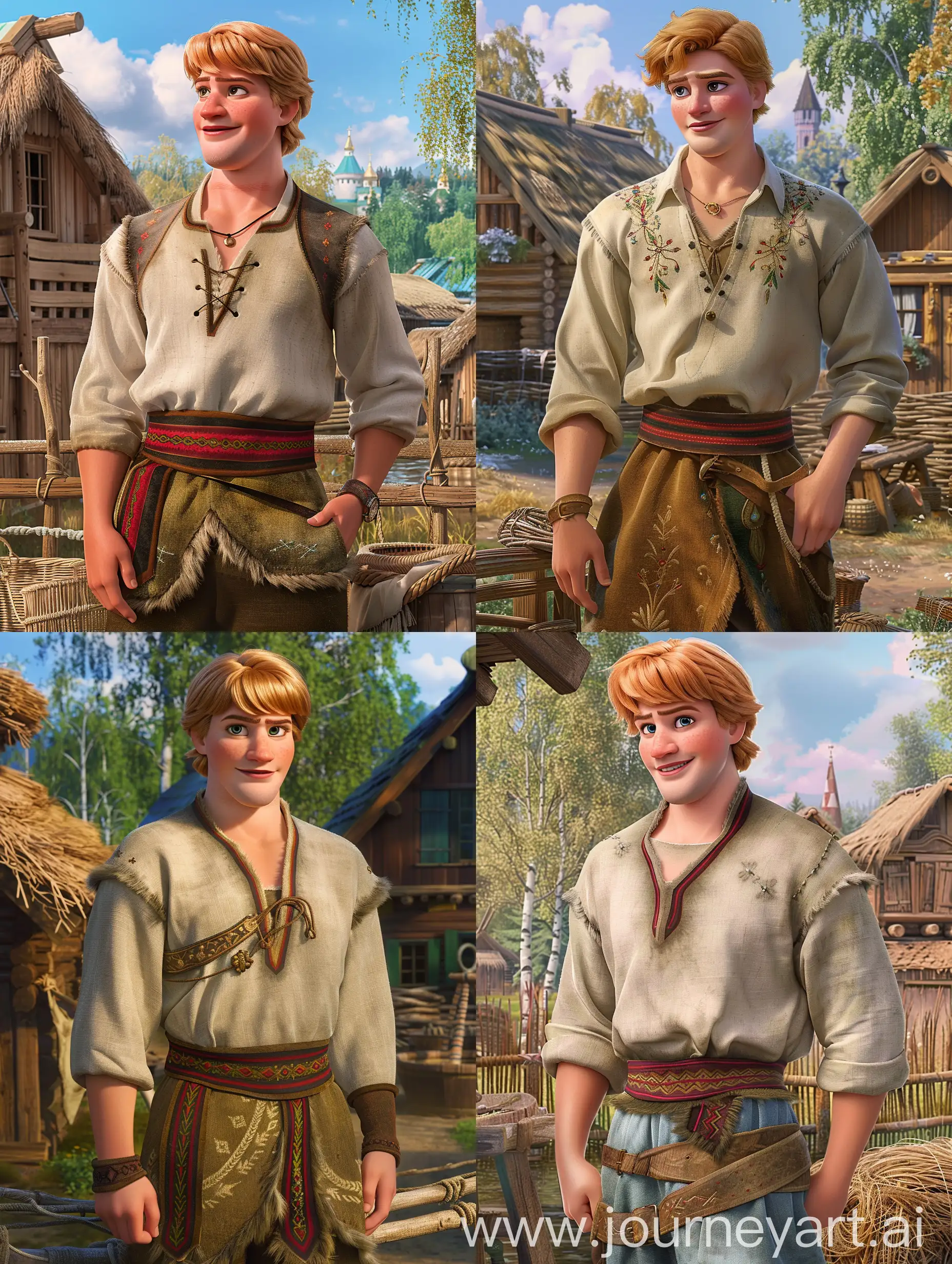 Kristoff, a rugged strawberry-blond young man from the Disney animated film "Frozen", dressed in a traditional Russian folk men's costume - an untucked shirt, portki (loose trousers), lapti (woven shoes), a belt, standing against a village landscape backdrop, wooden izbas (houses), a wicker fence, a well, a birch grove, a bright sunny day, highly detailed and realistic depiction of his face and costume, 8K