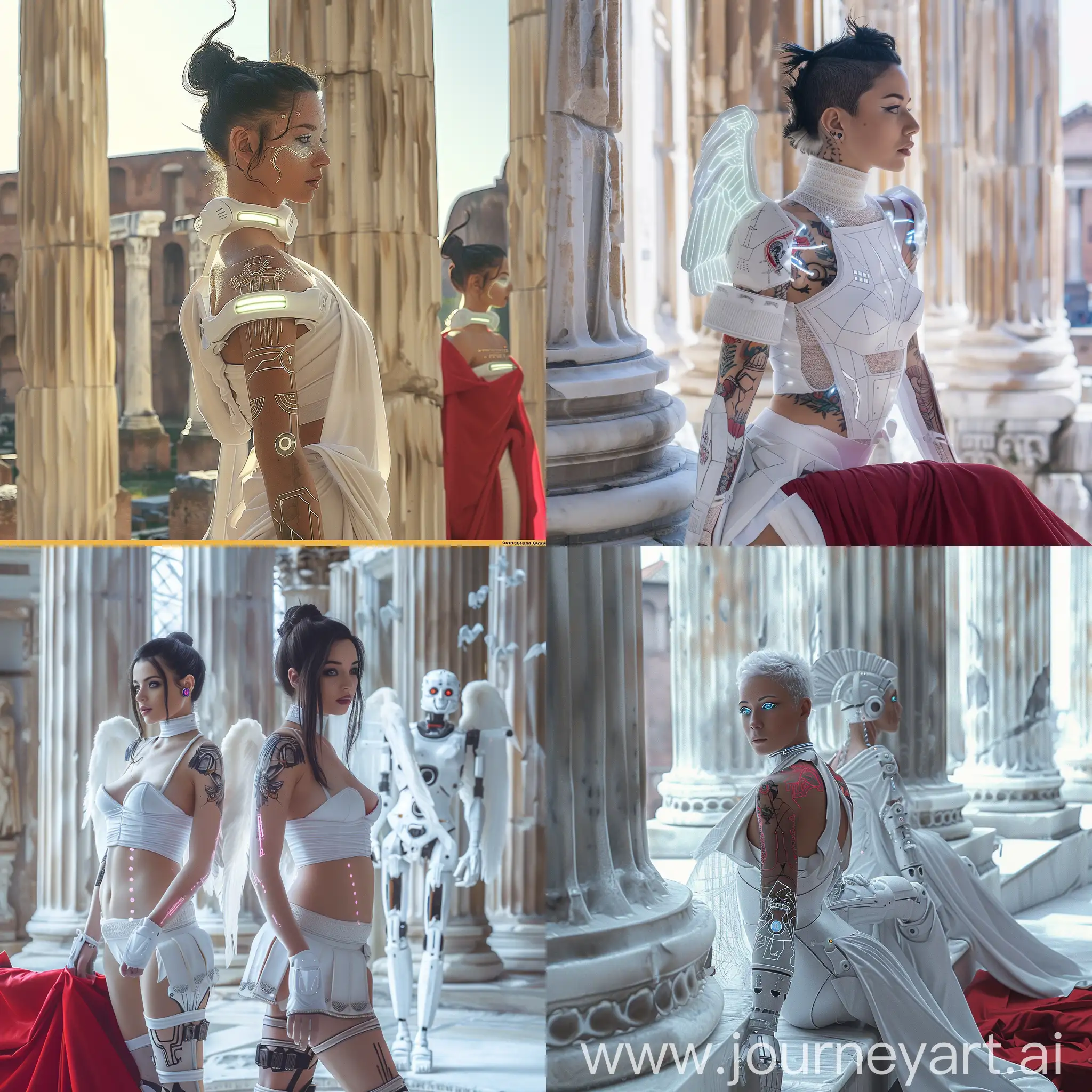apocalypsecore, gladiator, ancient rome, roman forum, columns, beautiful women with luminescent tattoos wearing white, robot angels, white marble, red fabrics